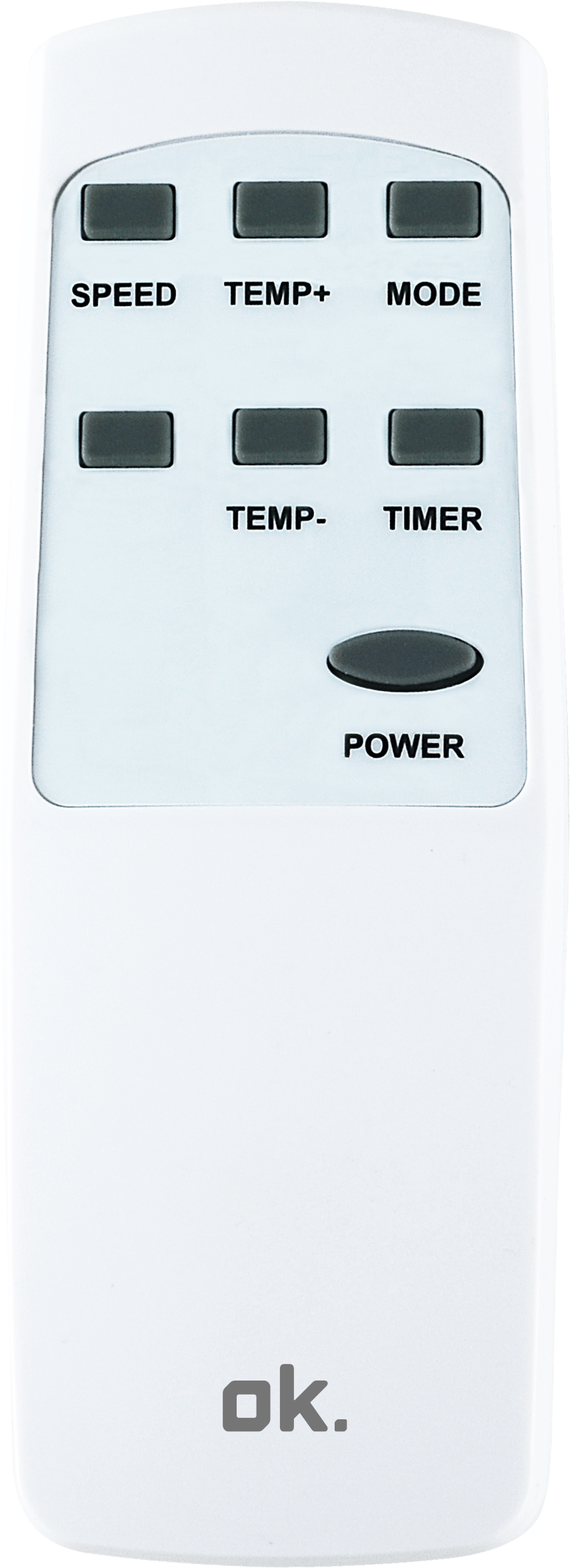 Un control remoto blanco con botones. Botones etiquetados con funciones.