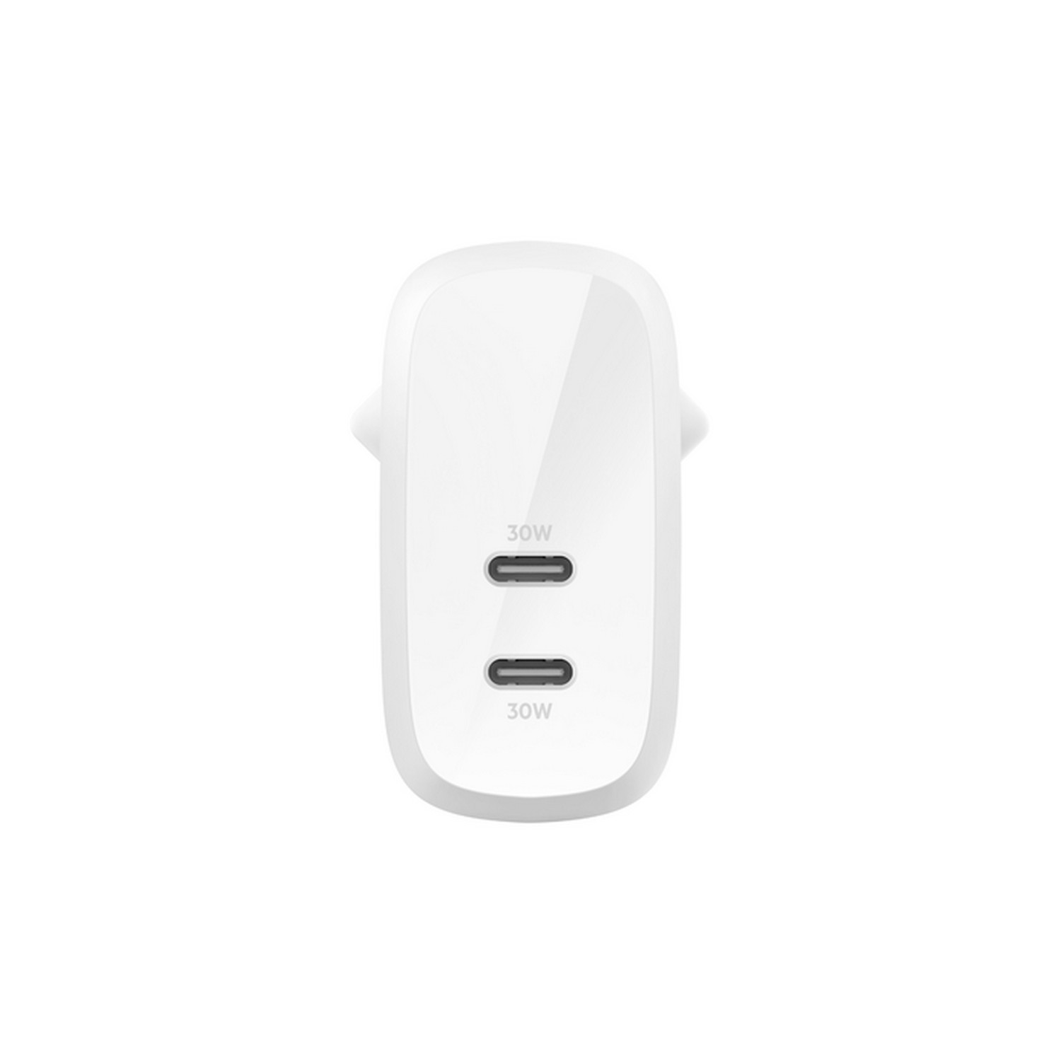 White charger with two USB-C ports. It has a sleek, minimalist design and is isolated on white.