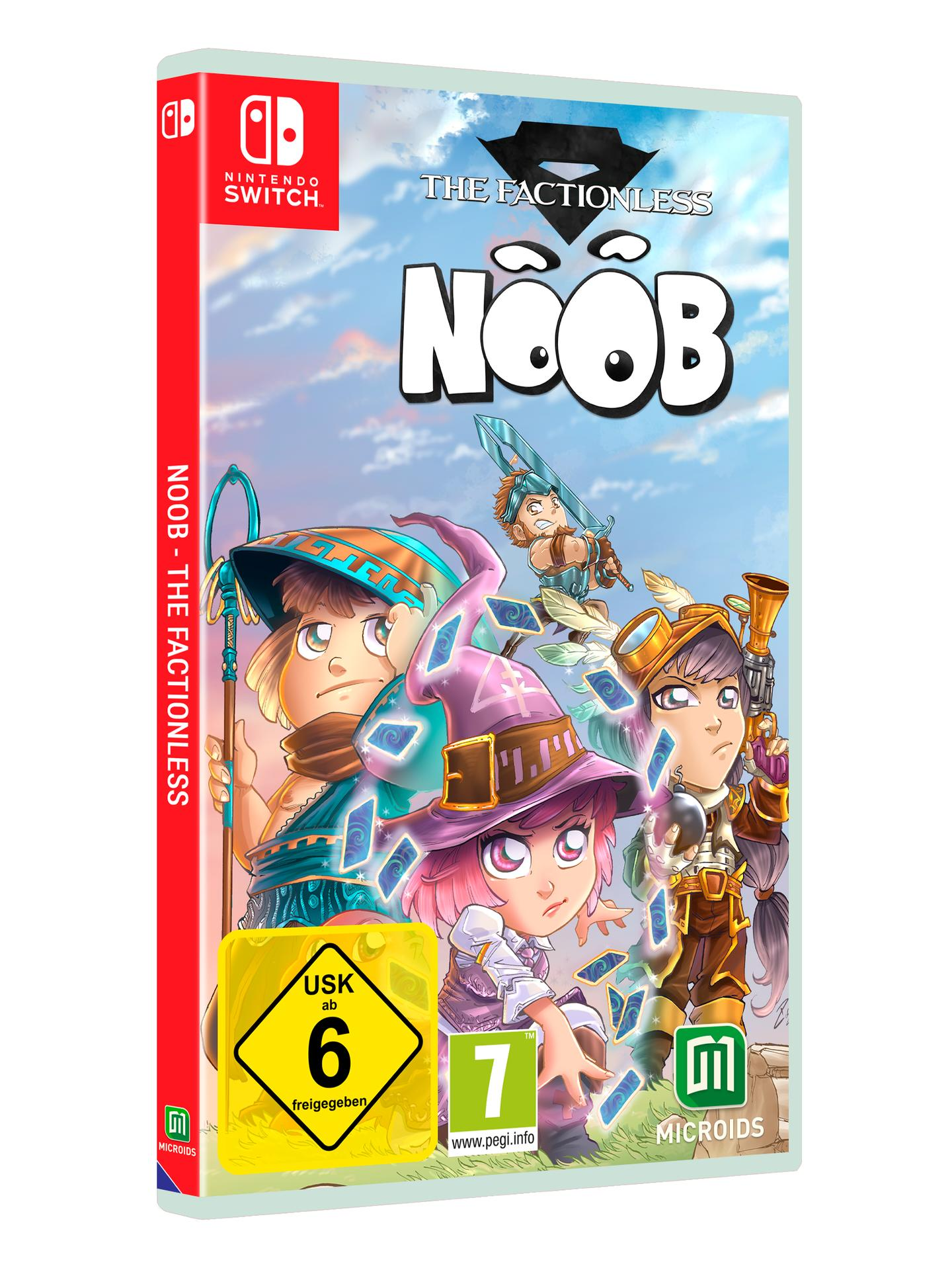 Eine Nintendo Switch-Spielbox für 'NOOB - The Factionless' mit mehreren Charakteren und einem Bewertungssymbol.