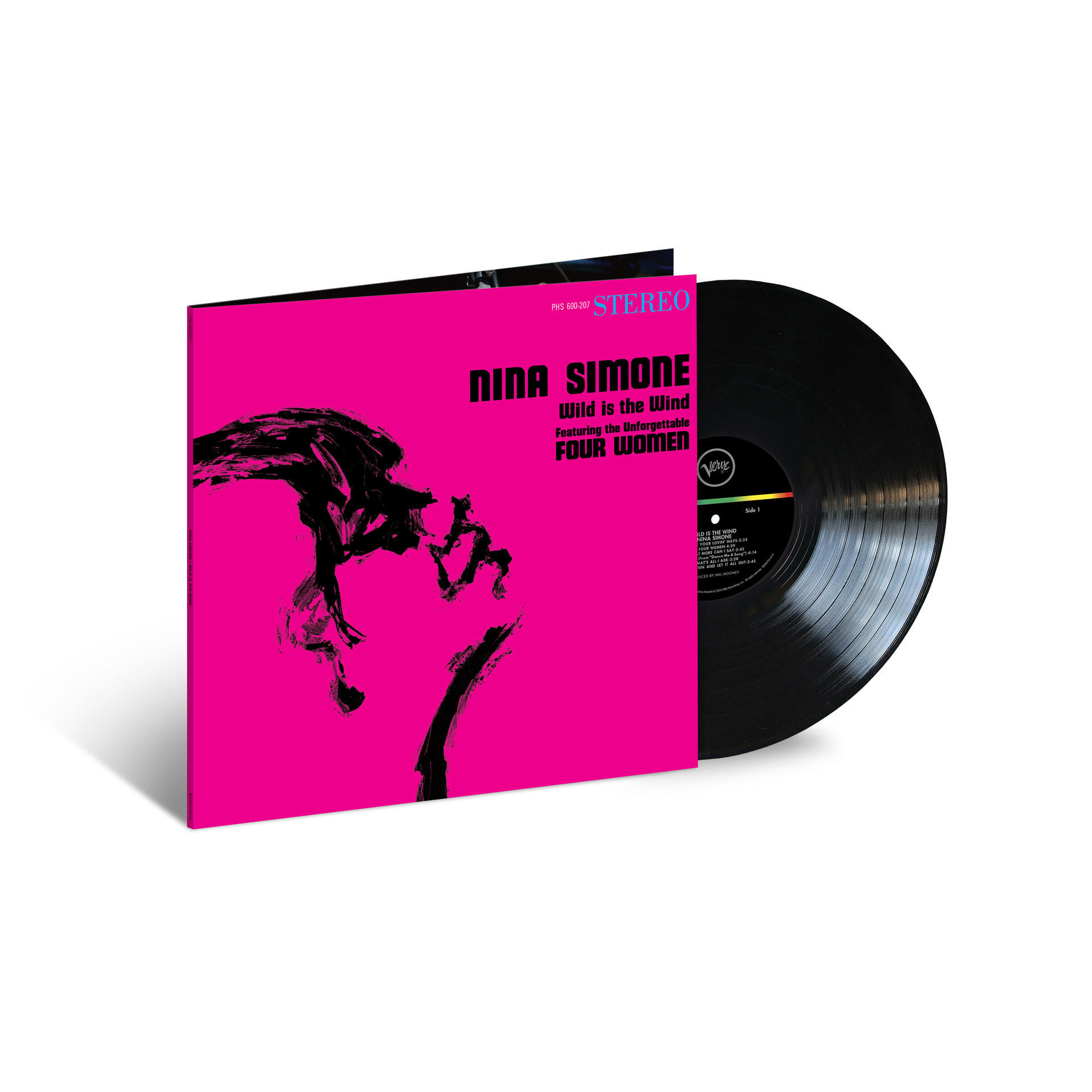 Ein Nina Simone Schallplattenalbum mit rosa Cover. Die Schallplatte befindet sich rechts.