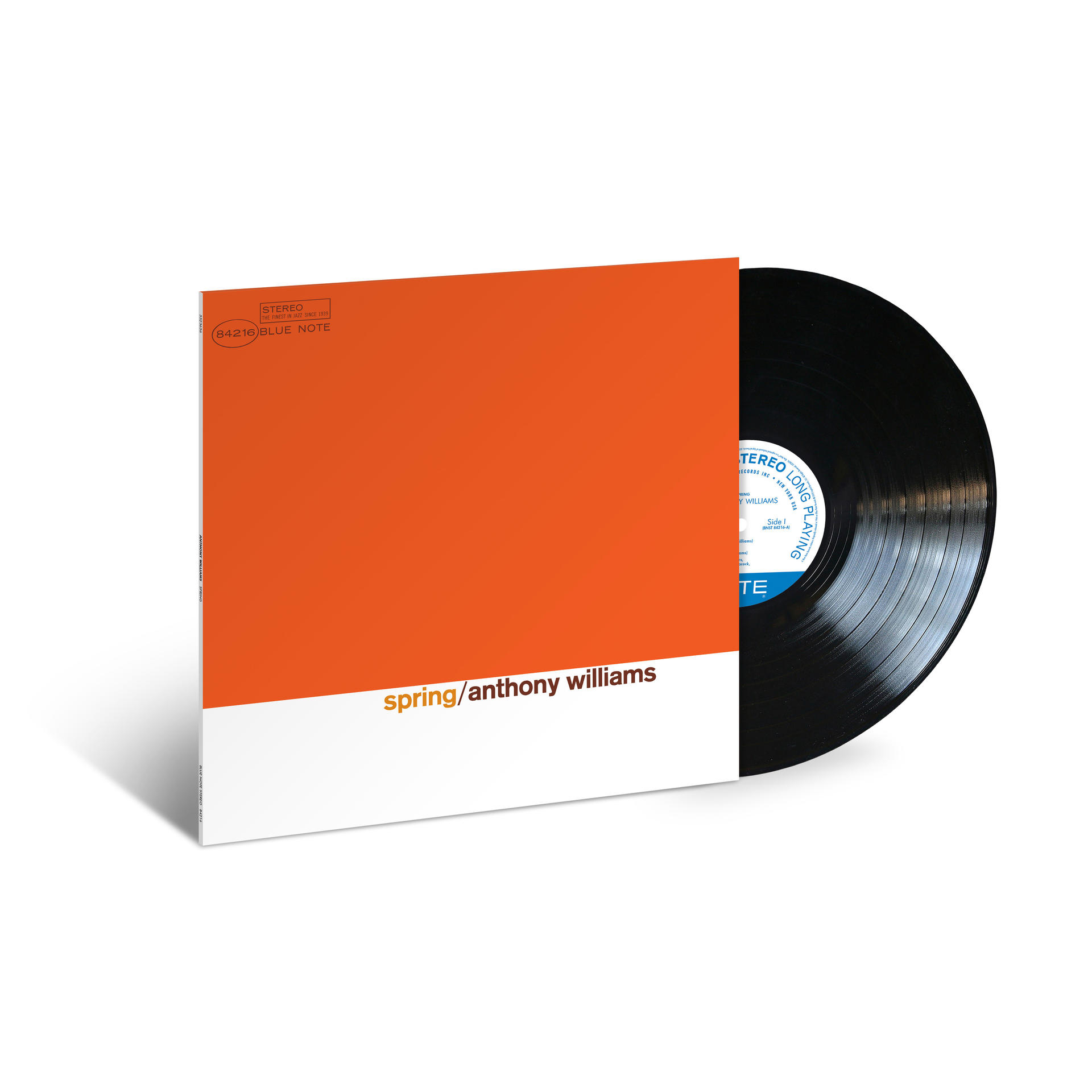 Vinyl-Schallplatte mit orange-weißem Cover, die Schallplatte ist teilweise sichtbar.