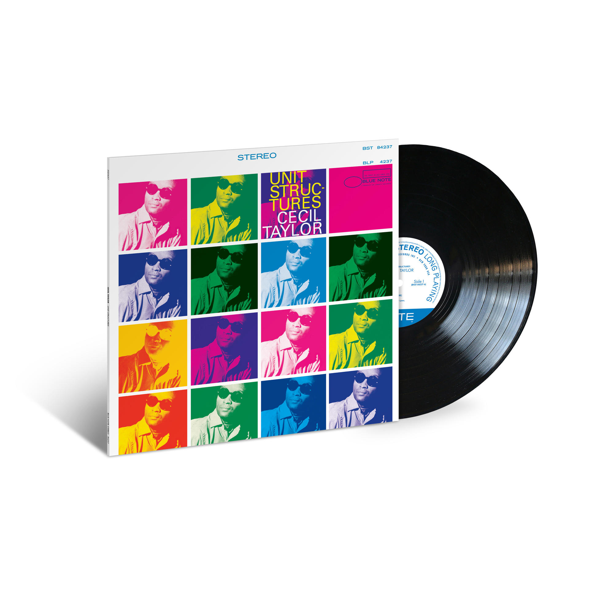 Ein Schallplatten-Albumcover mit mehreren Bildern eines Mannes mit Sonnenbrille.