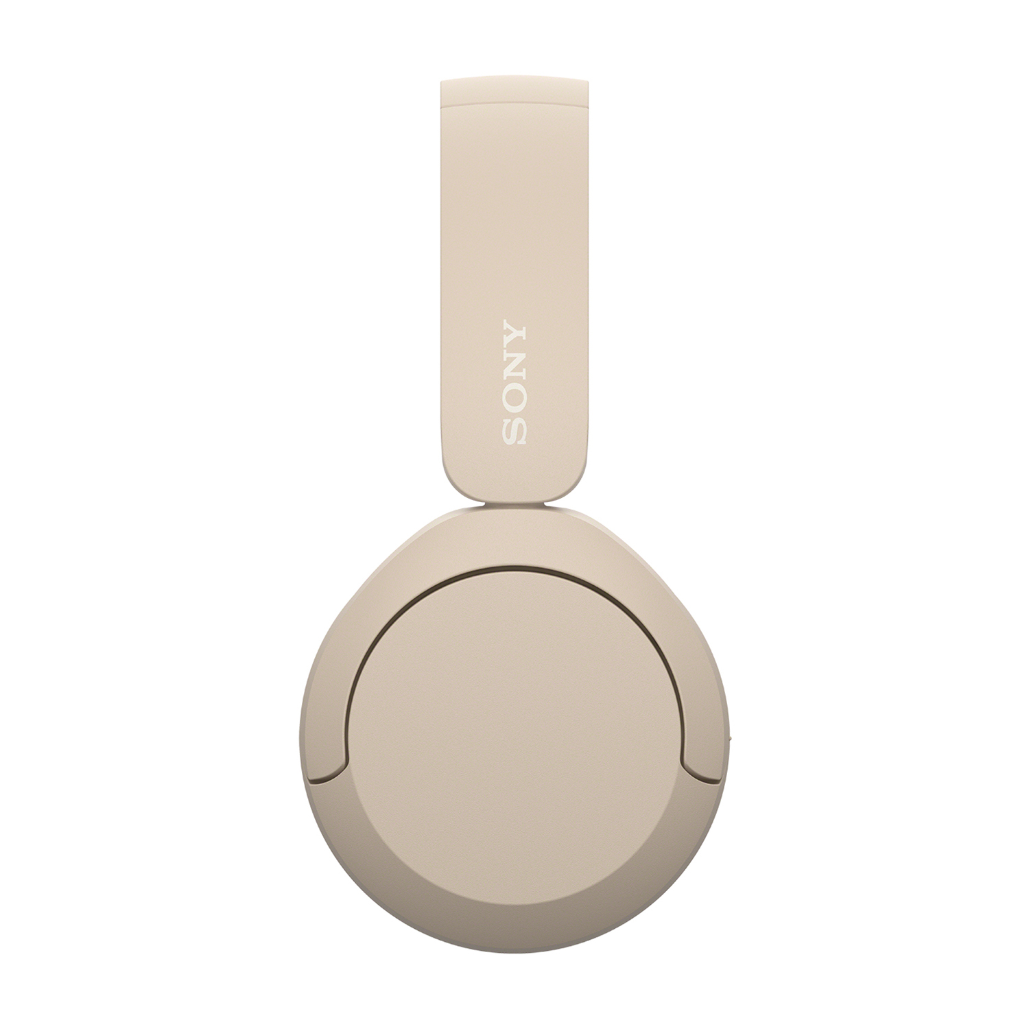 Cuffie Sony beige. Vista dall'alto, piegate. Design pulito, semplice e moderno.