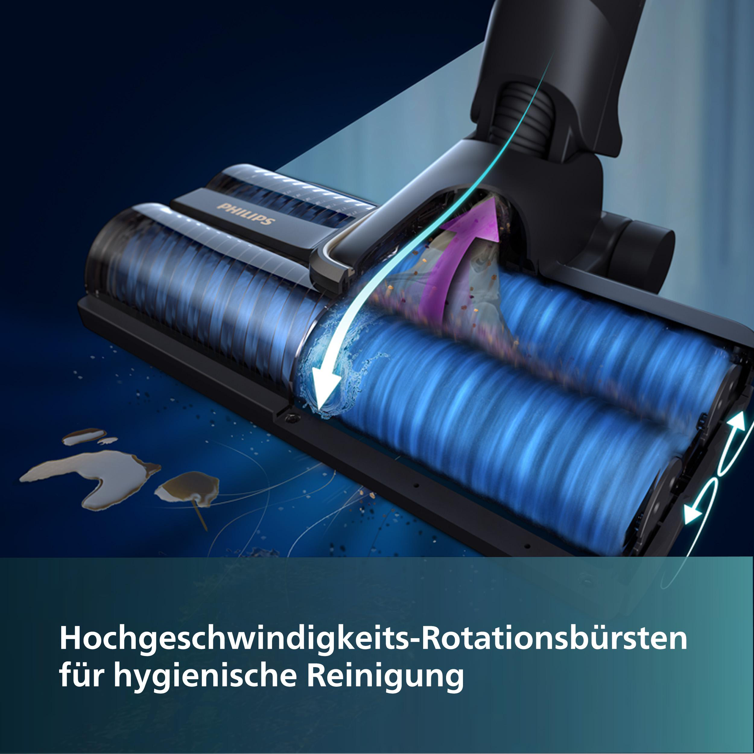 Staubsaugerkopf mit blauen rotierenden Bürsten, die die Reinigungsaktion zeigen. Dunkler Hintergrund.