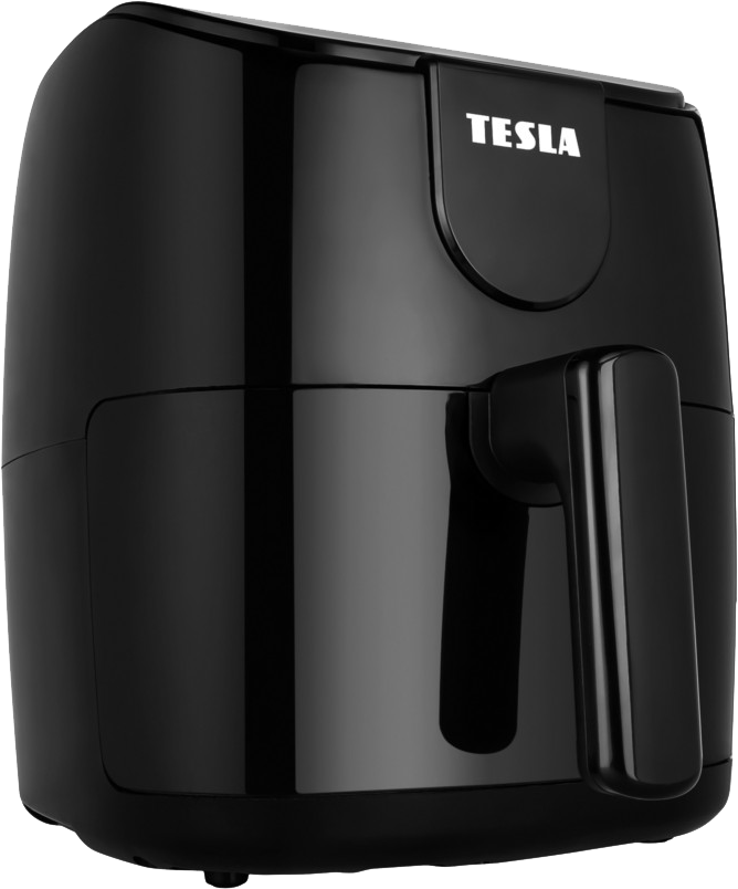 Egy fekete Tesla légkeveréses sütő. Fogantyúja van, és fehér háttér előtt látható.