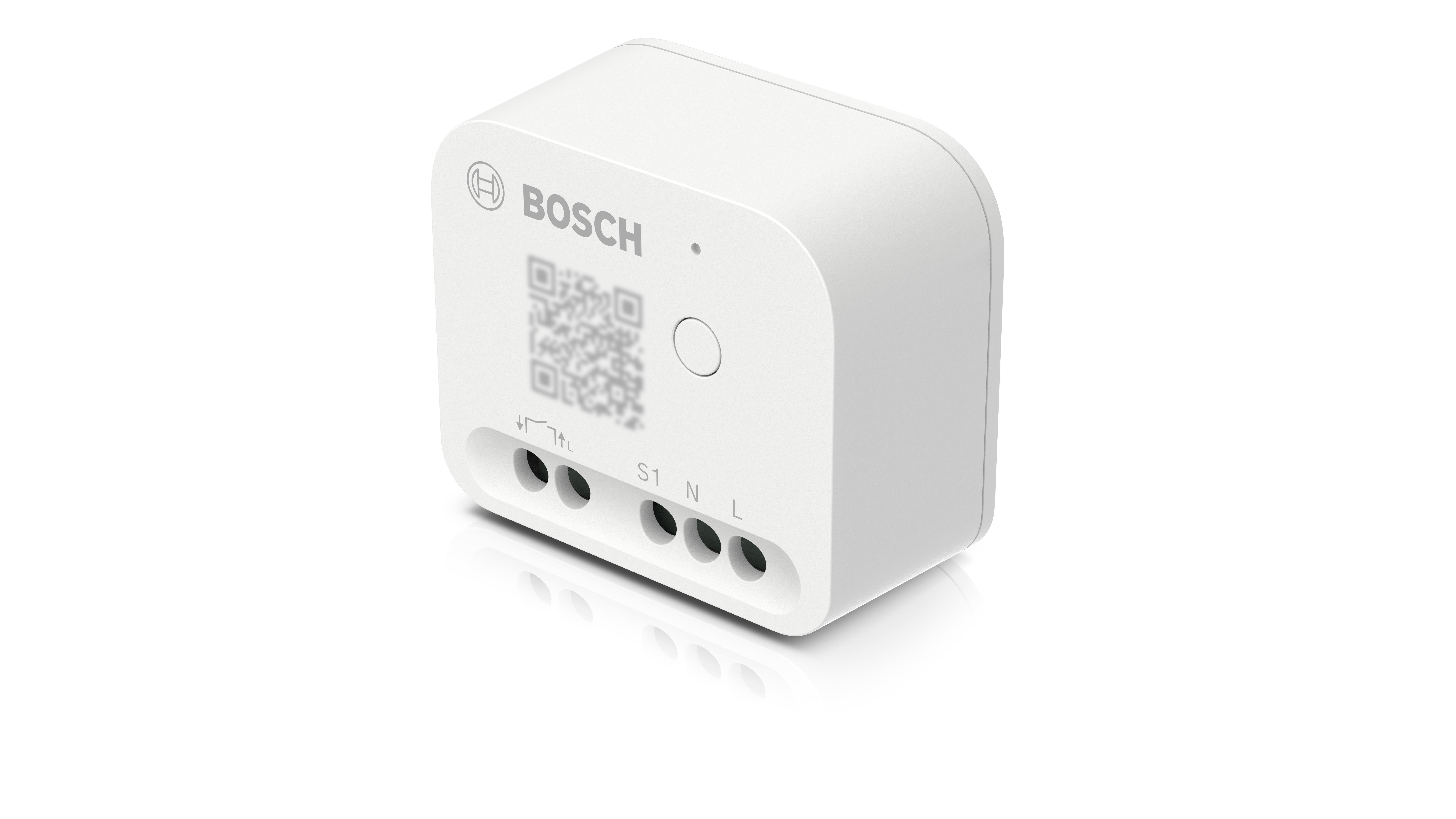 Ein weißes Bosch Smart-Home-Gerät mit Bosch-Logo und QR-Code. Schwarze Eingänge und weißer Hintergrund.