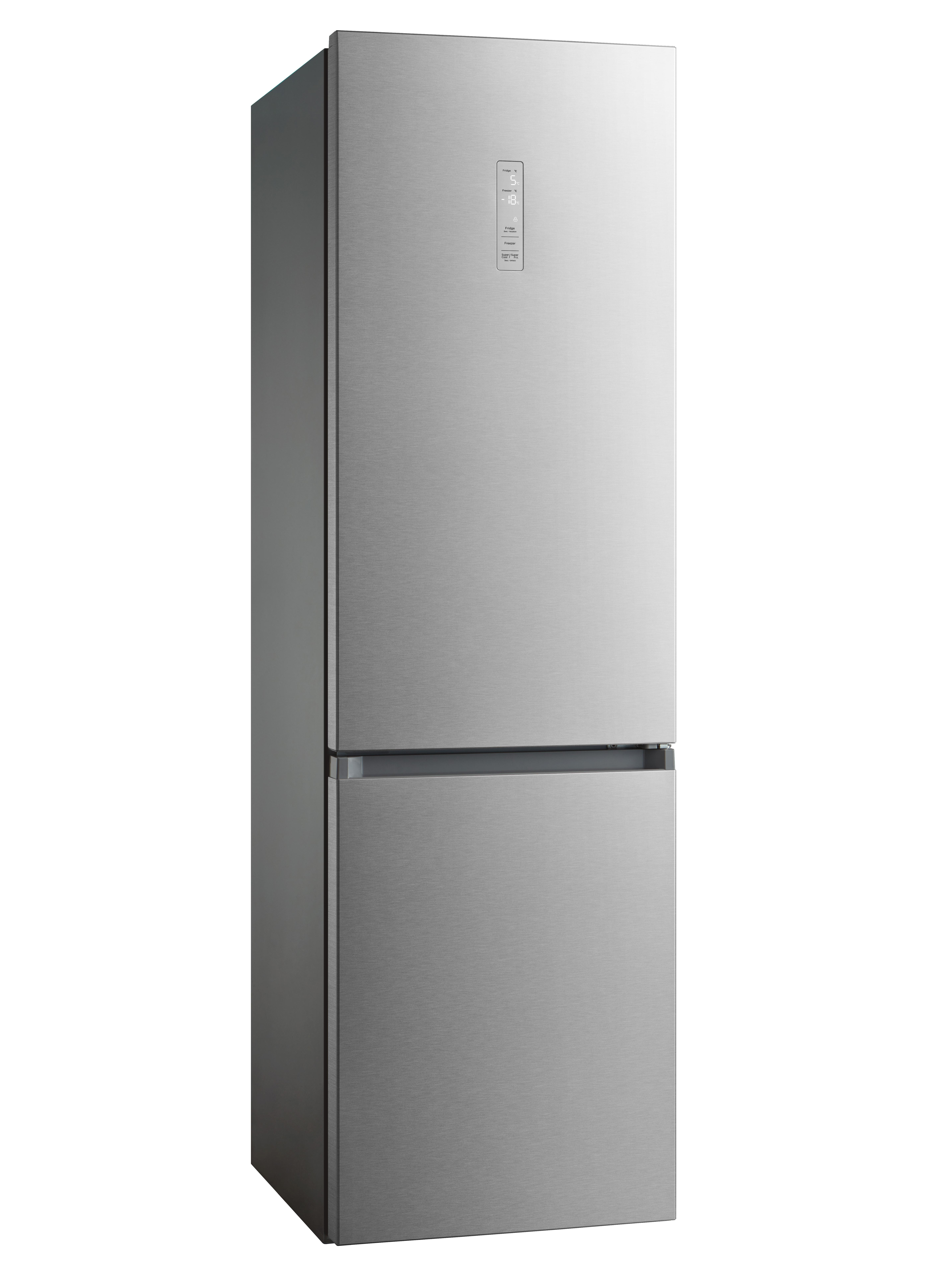 Ein silberner Kühlschrank, zwei Türen, auf weißem Hintergrund. Die obere Tür hat ein digitales Display.