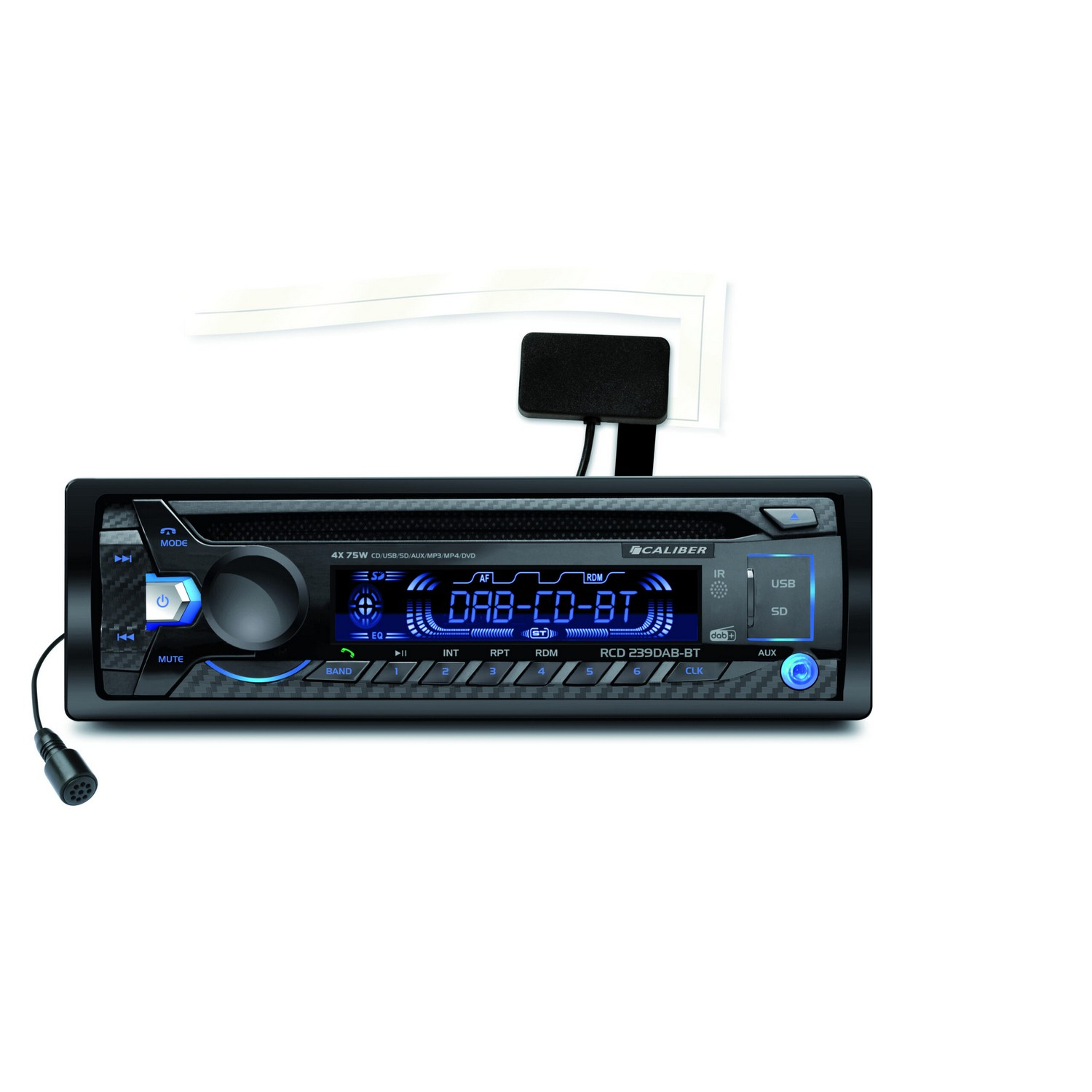 Autoradio met blauw display, knoppen en aangesloten microfoon tegen een witte achtergrond.