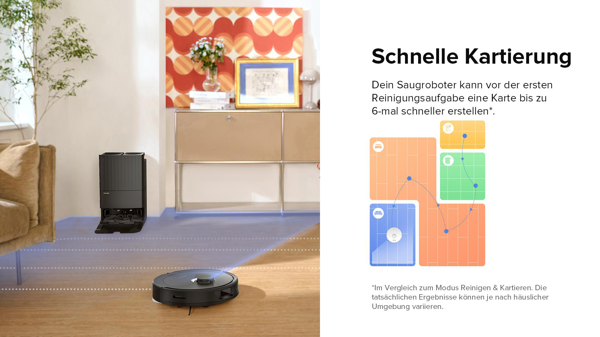 Ein Roboter-Staubsauger auf einem Holzboden mit einem Diagramm, das einen Kartierungsprozess zeigt.