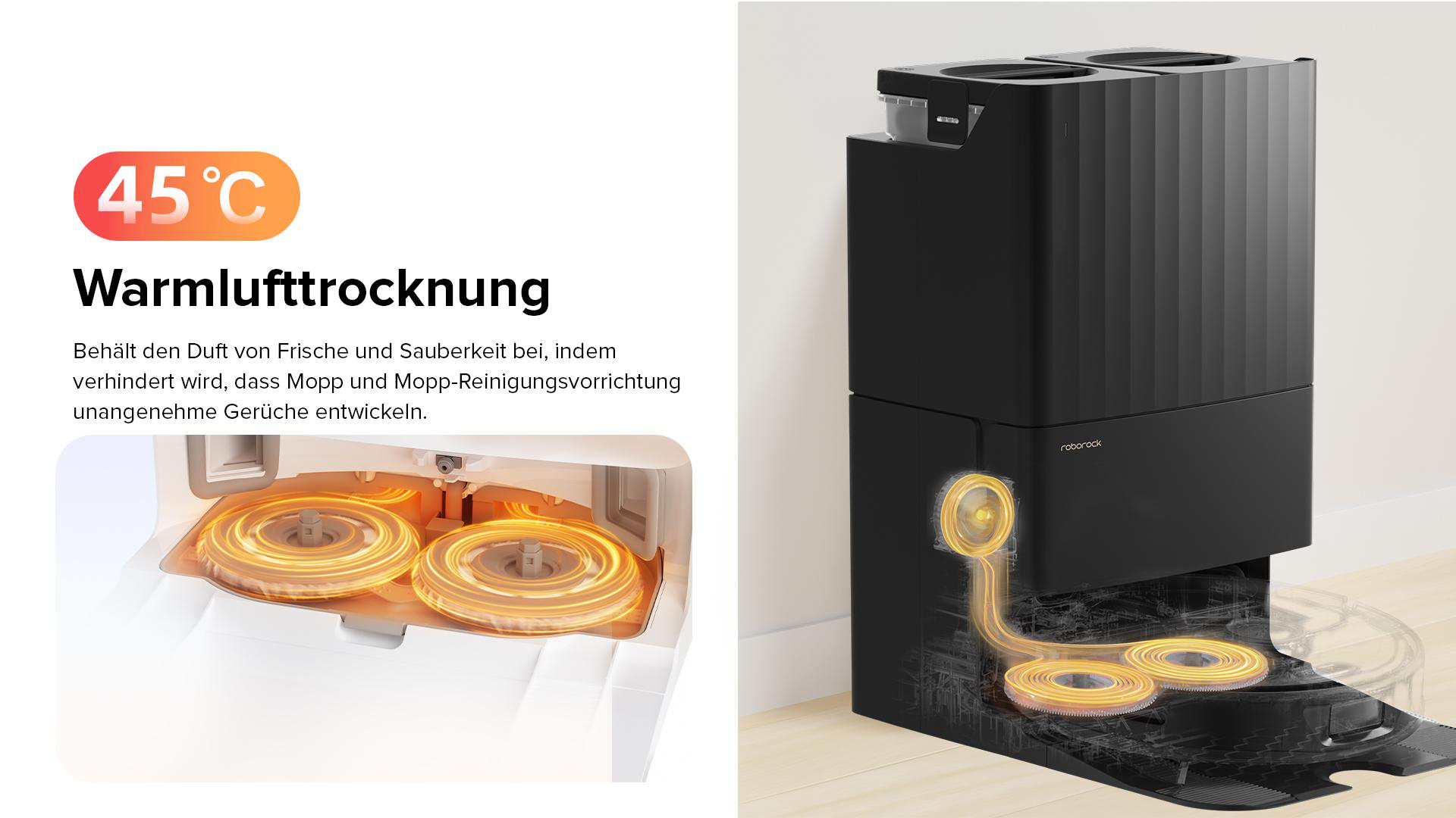 Ein weißer und schwarzer Reinigungsroboter mit Trocknungssystem, der Heizschleifen zeigt.