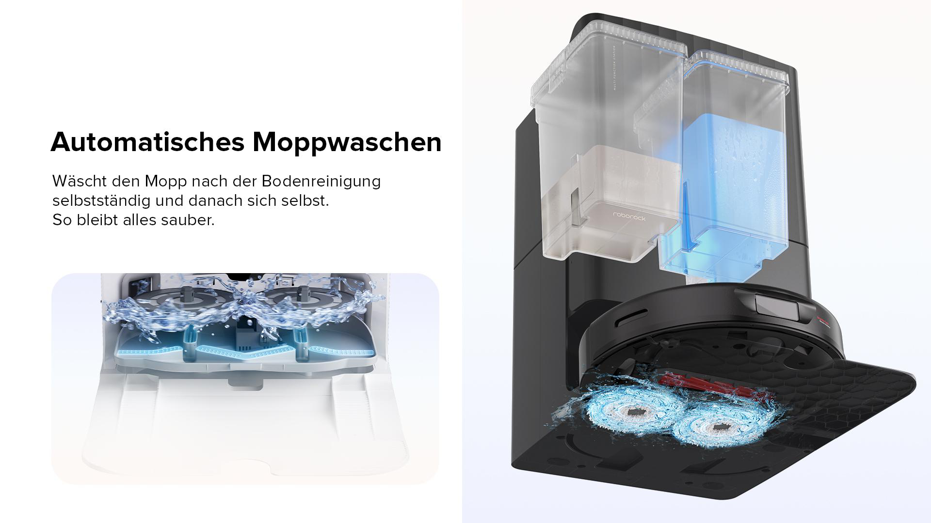Roboter-Staubsauger-Reinigungssystem. Zwei Tanks, einer für sauberes, einer für schmutziges Wasser.