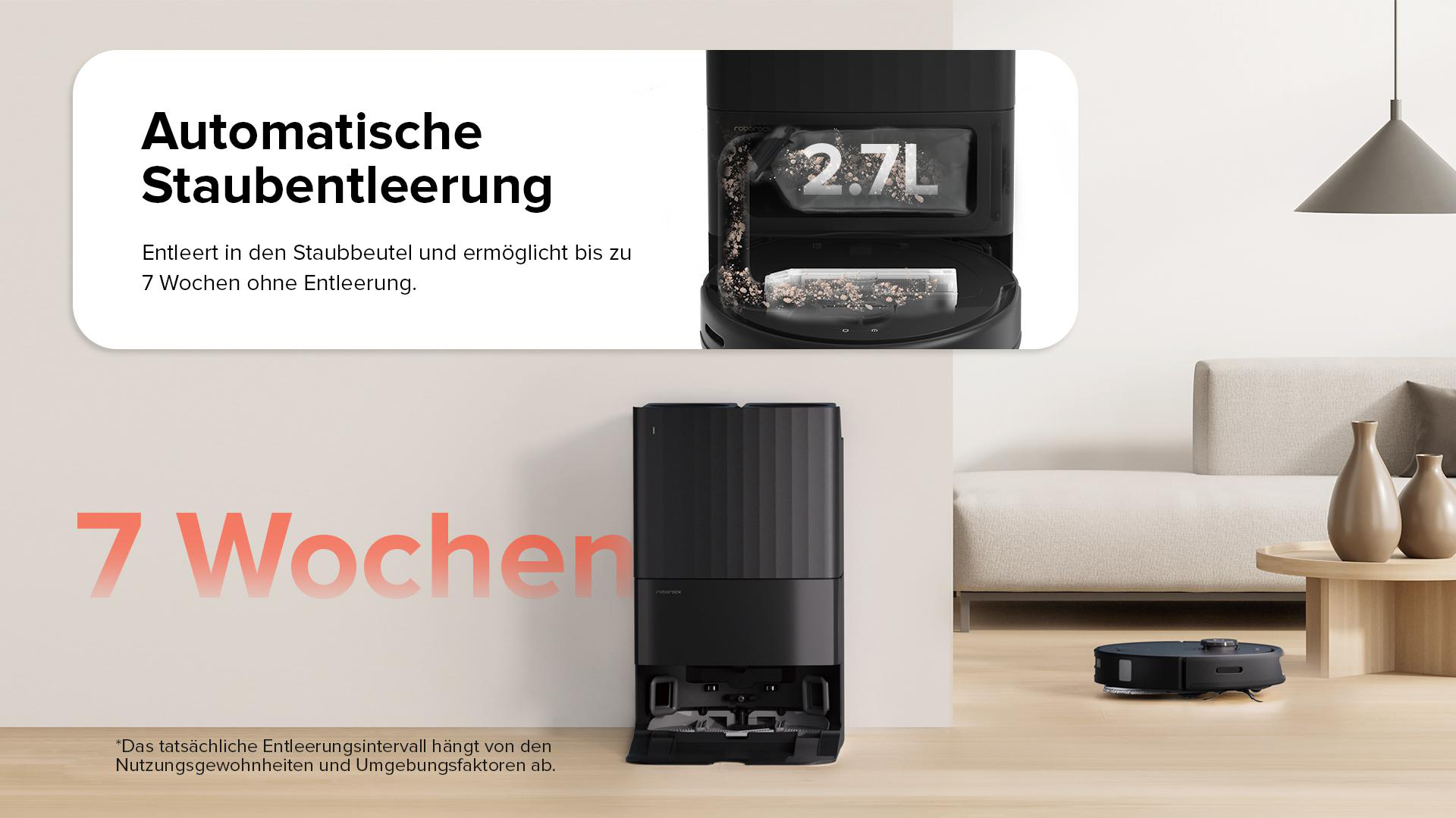 Eine schwarze Staubsaugerbasis mit Oberteil, neben einem Roboter-Staubsauger, Text-Overlay.