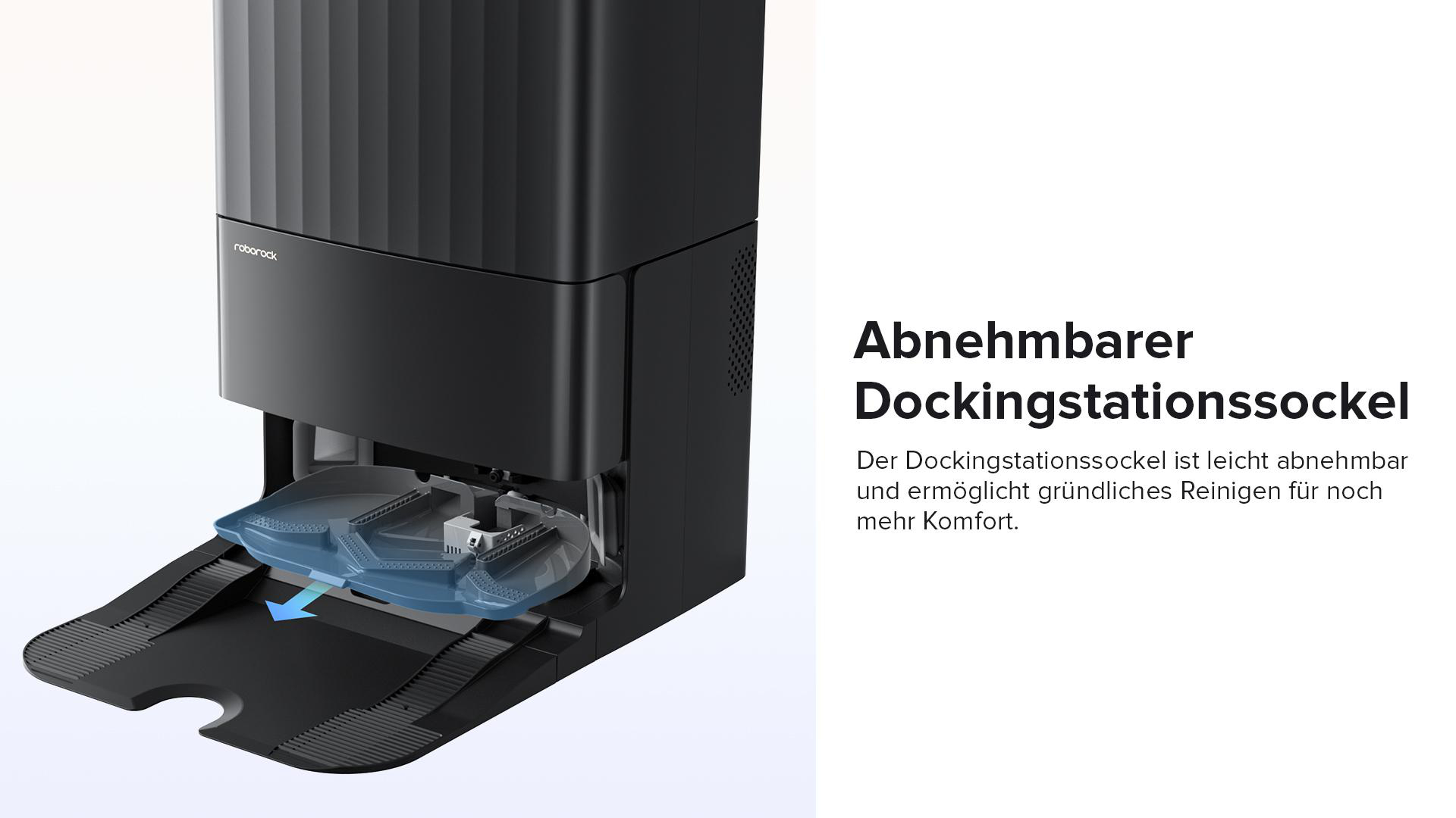 Schwarzer Roboterstaubsauger mit freigelegtem Reinigungskopf und Text.