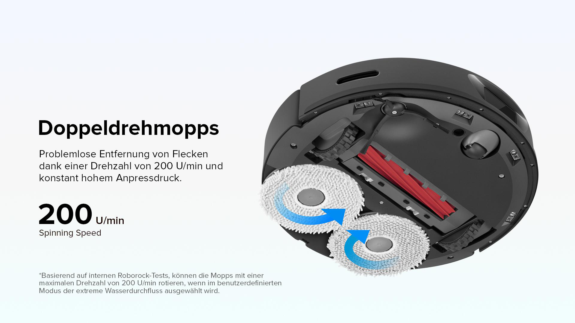 Roboter-Staubsauger mit zwei rotierenden Mopps, der einen Boden reinigt. Weißer Hintergrund.