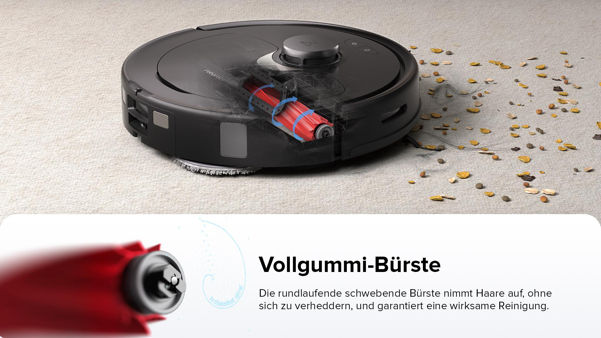 Roboter-Staubsauger, Schnittansicht mit Bürsten und Innenteilen, auf einem Teppich.