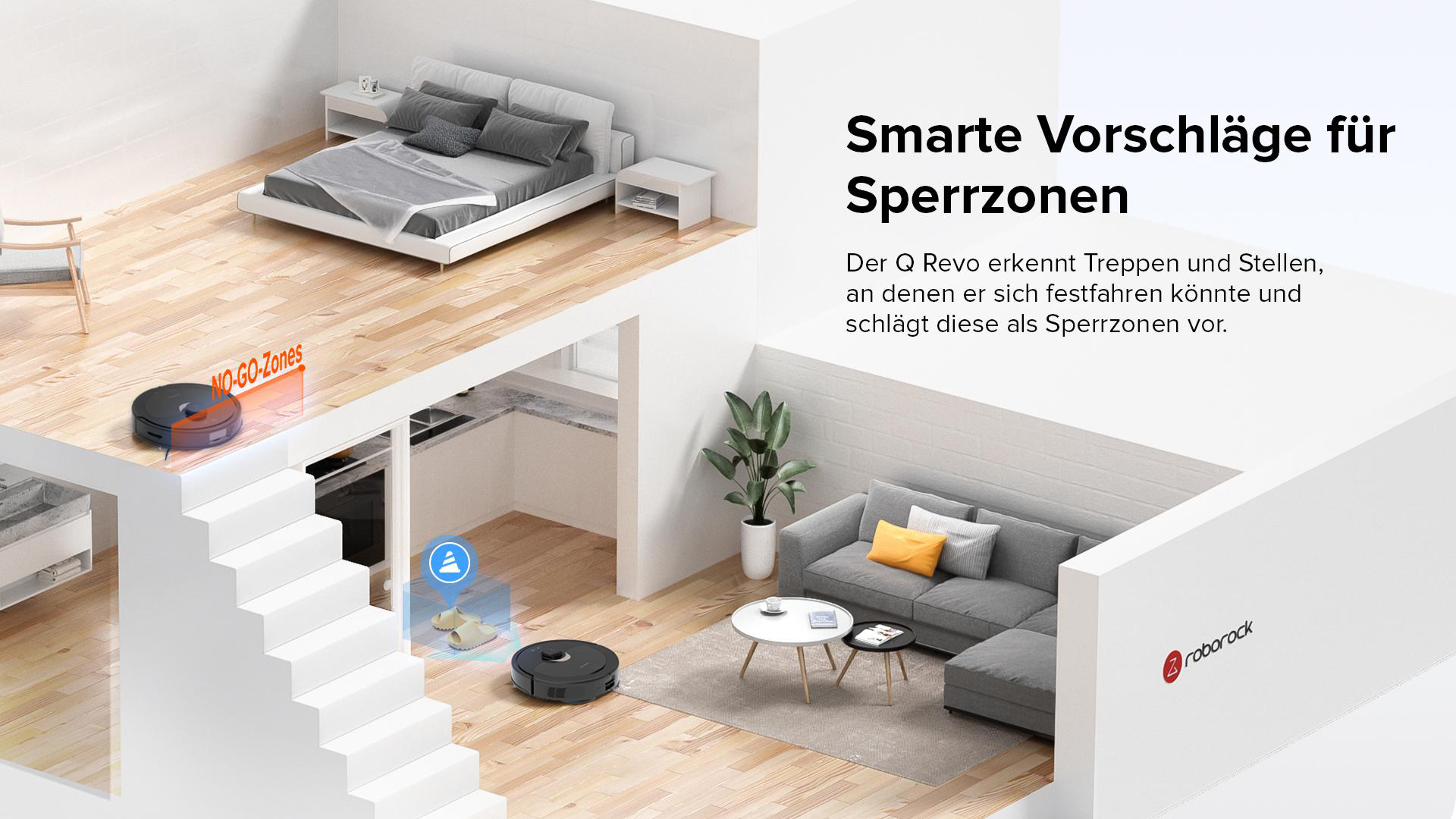 Roomba reinigt einen Raum mit Smart-Home-Layout. Das Zimmer hat ein Bett und ein Sofa.