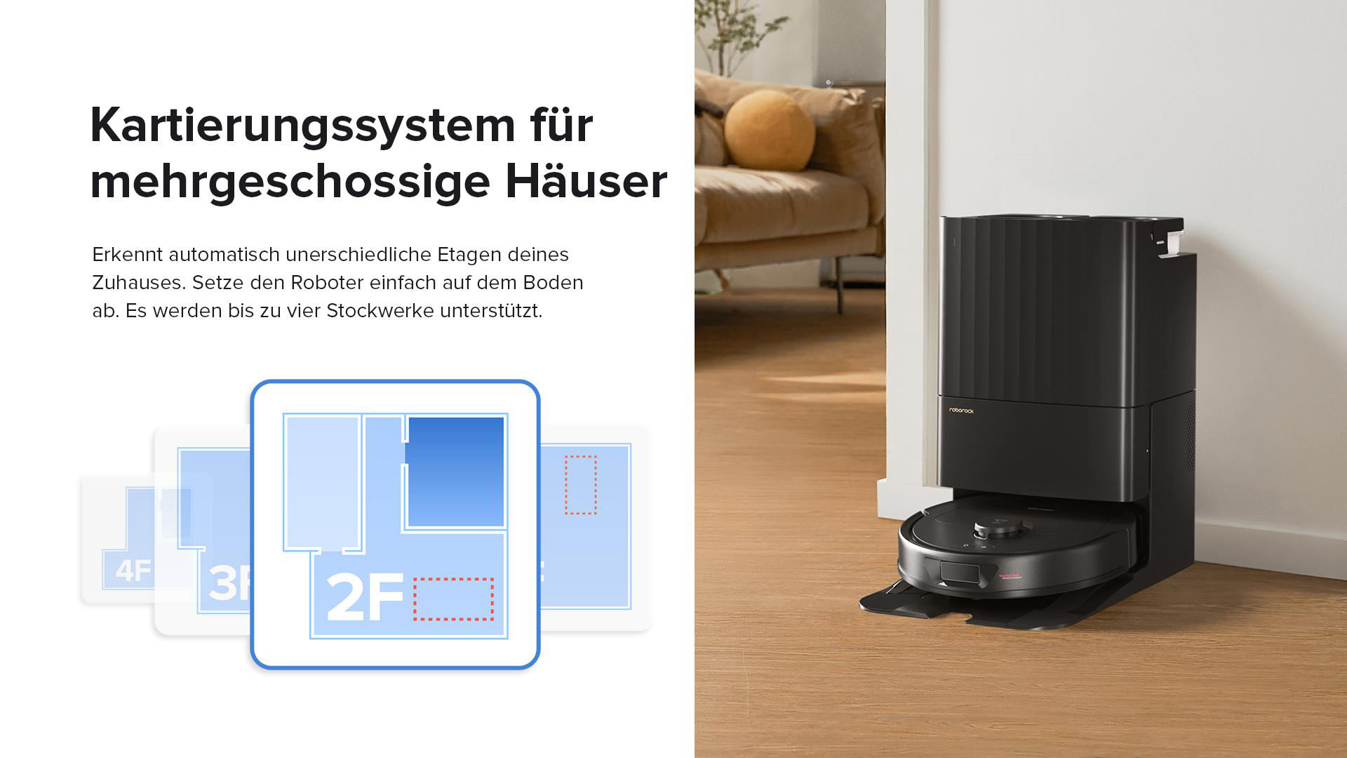 Ein Roboter-Staubsauger und eine Basisstation. Das Bild zeigt eine Grundrissvisualisierung für mehrere Etagen.