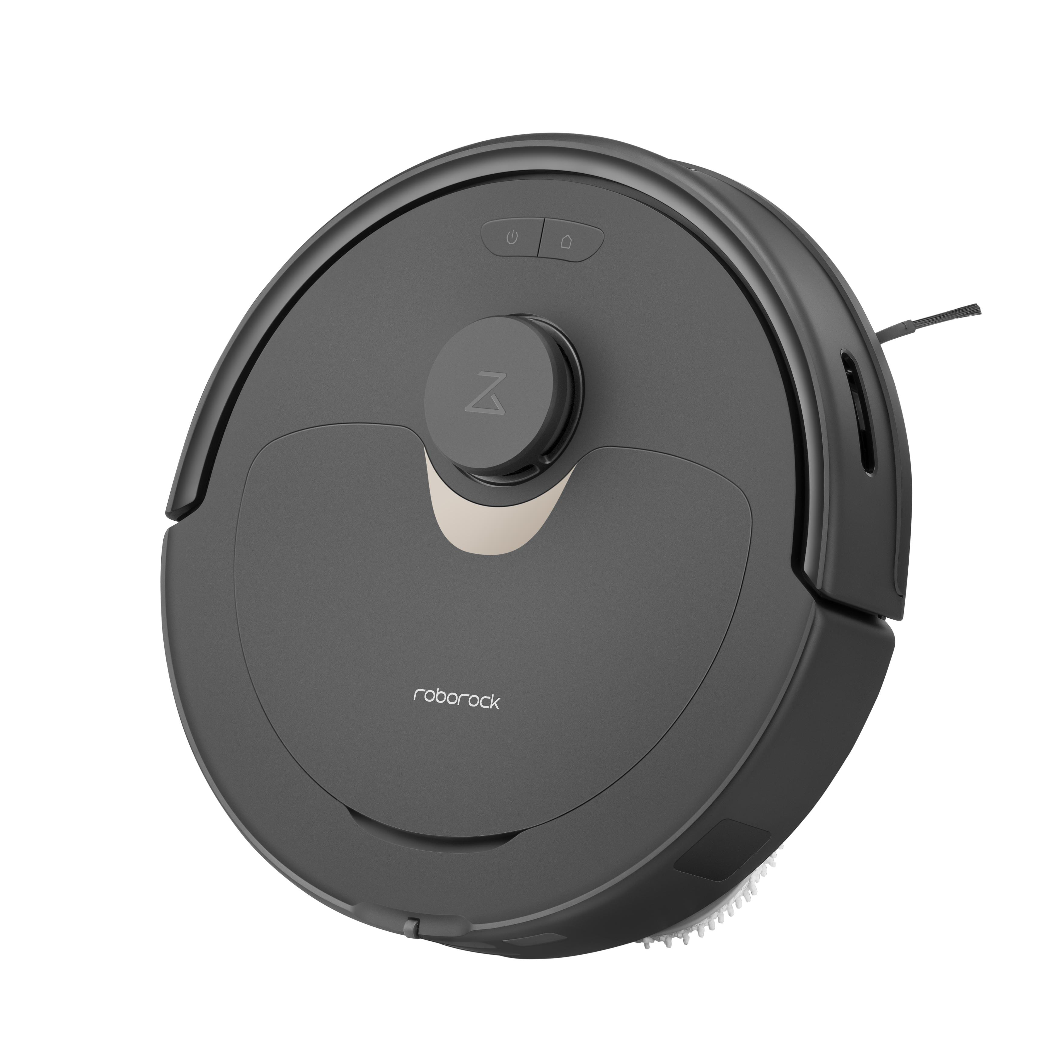 Ein schwarz-grauer Roboter-Staubsauger. Draufsicht, kreisförmige Form.