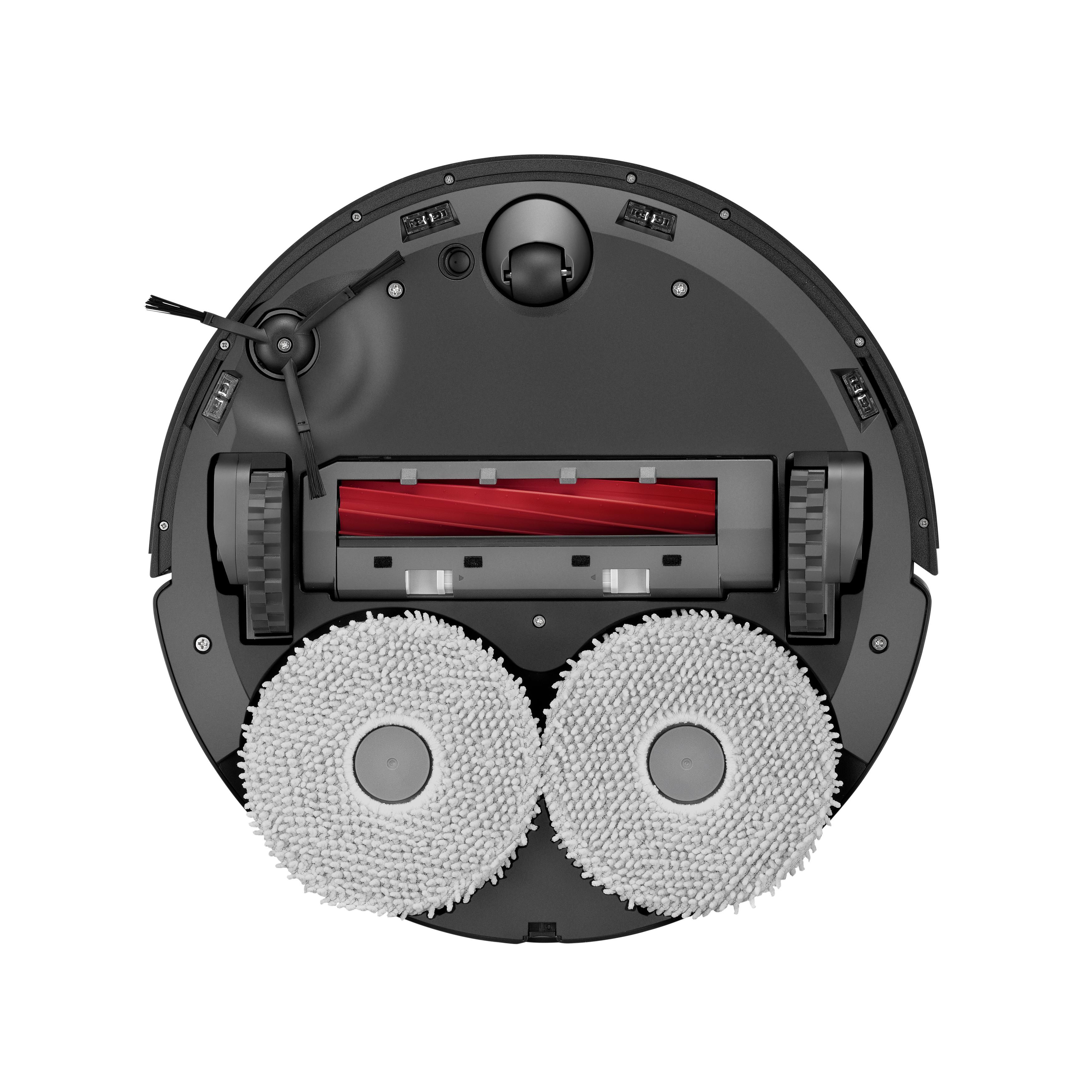Die Unterseite eines schwarzen Roboter-Staubsaugers mit zwei Reinigungspads.