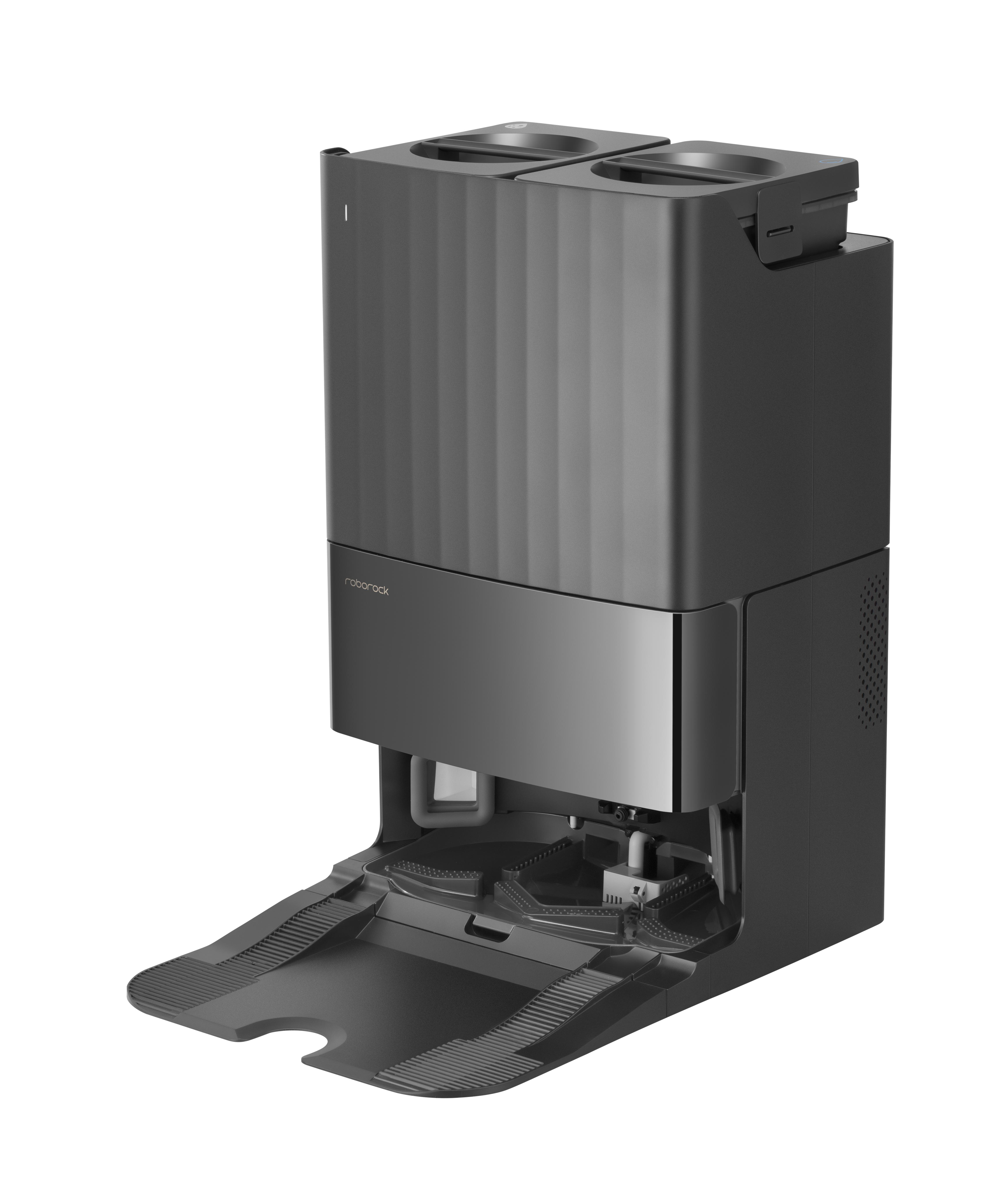 Ein Roboter-Staubsauger mit Ladestation, dunkelgraues und modernes Design.