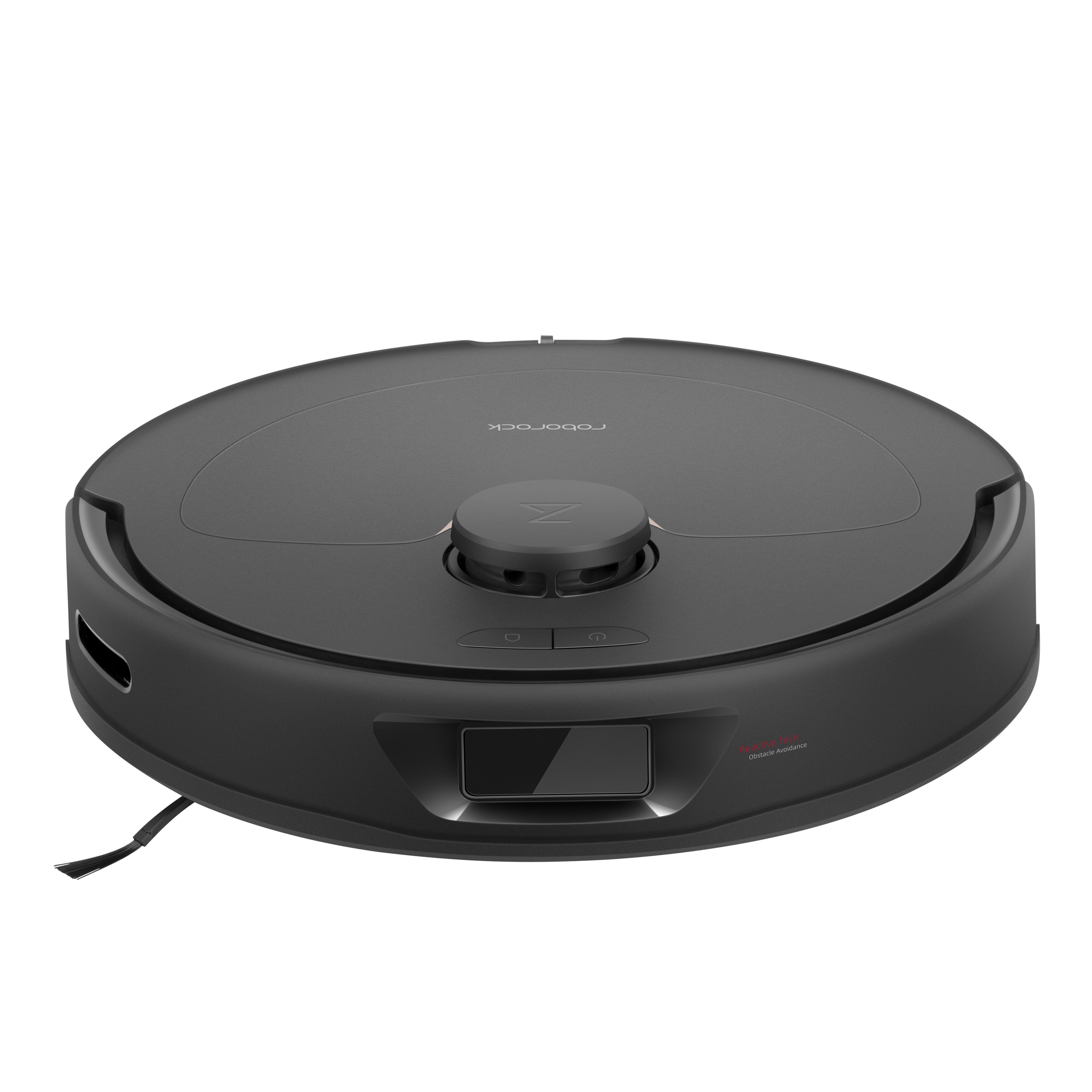 Ein schwarzer, runder Roboter-Staubsauger mit zentralem Knopf und Seitenfeld.