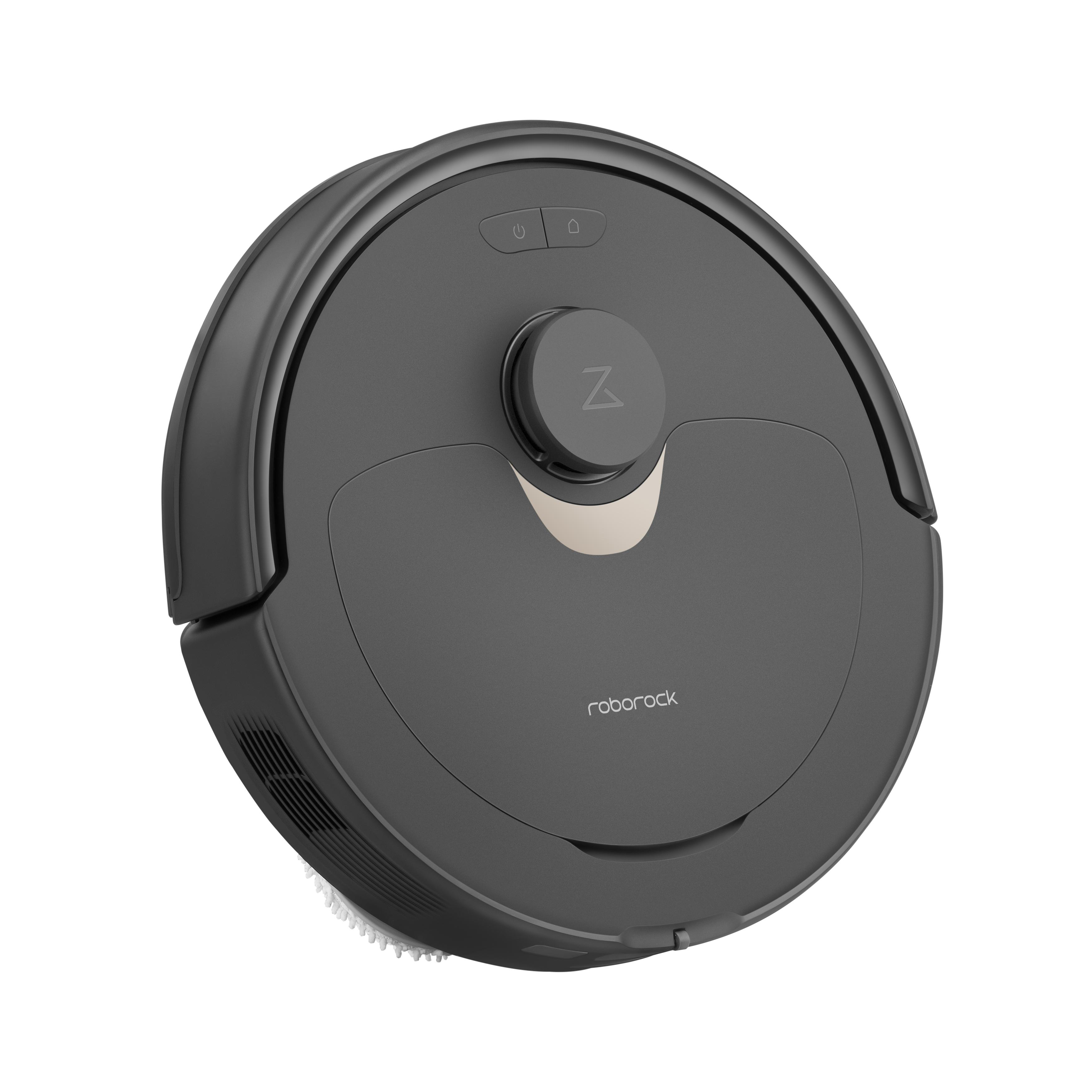 Dunkelgrauer runder Roboter-Staubsauger. Draufsicht, mit Silberknopf und Roborock-Logo.