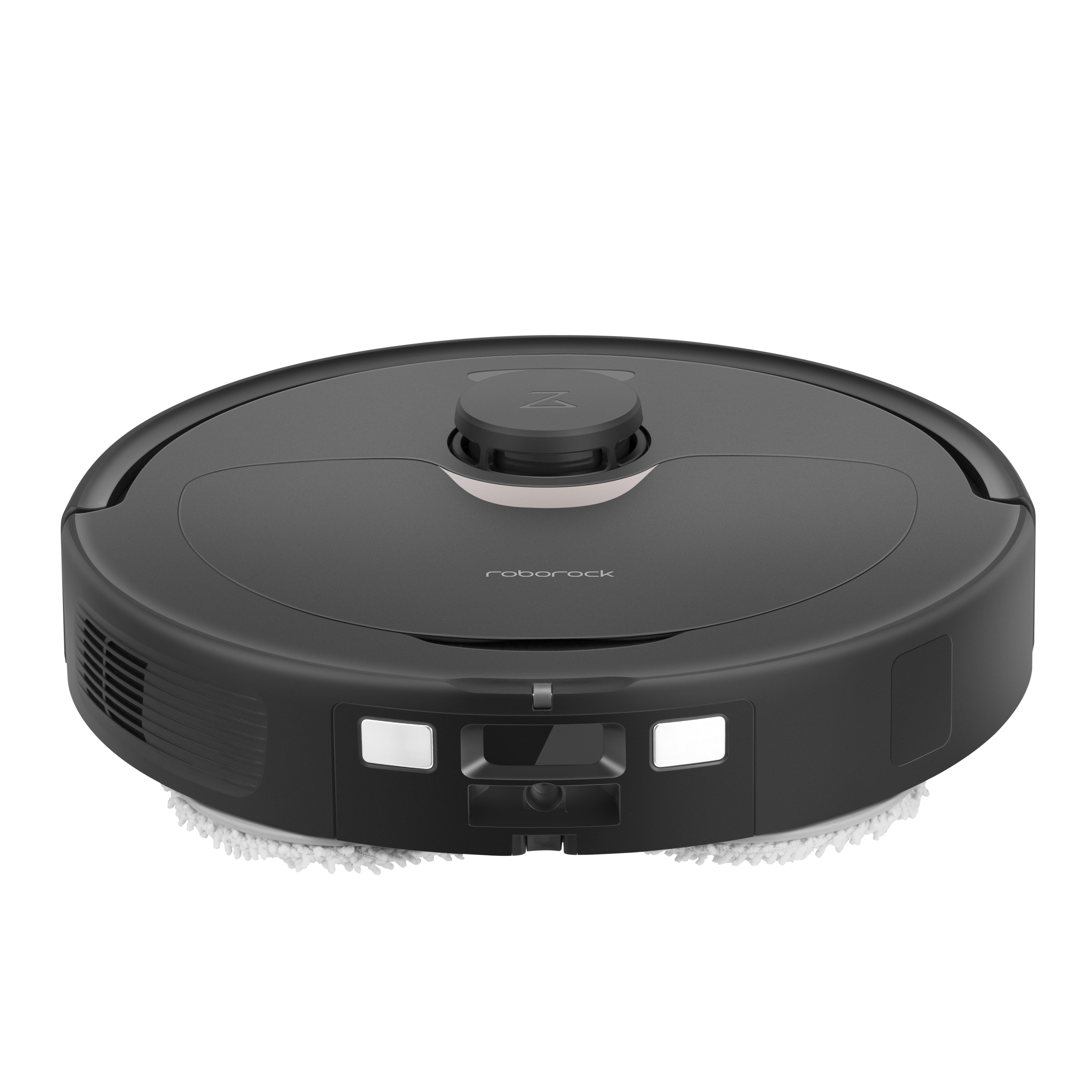 Schwarzer Roboter-Staubsauger, runde Form, mit einem Reinigungspad an der Unterseite.
