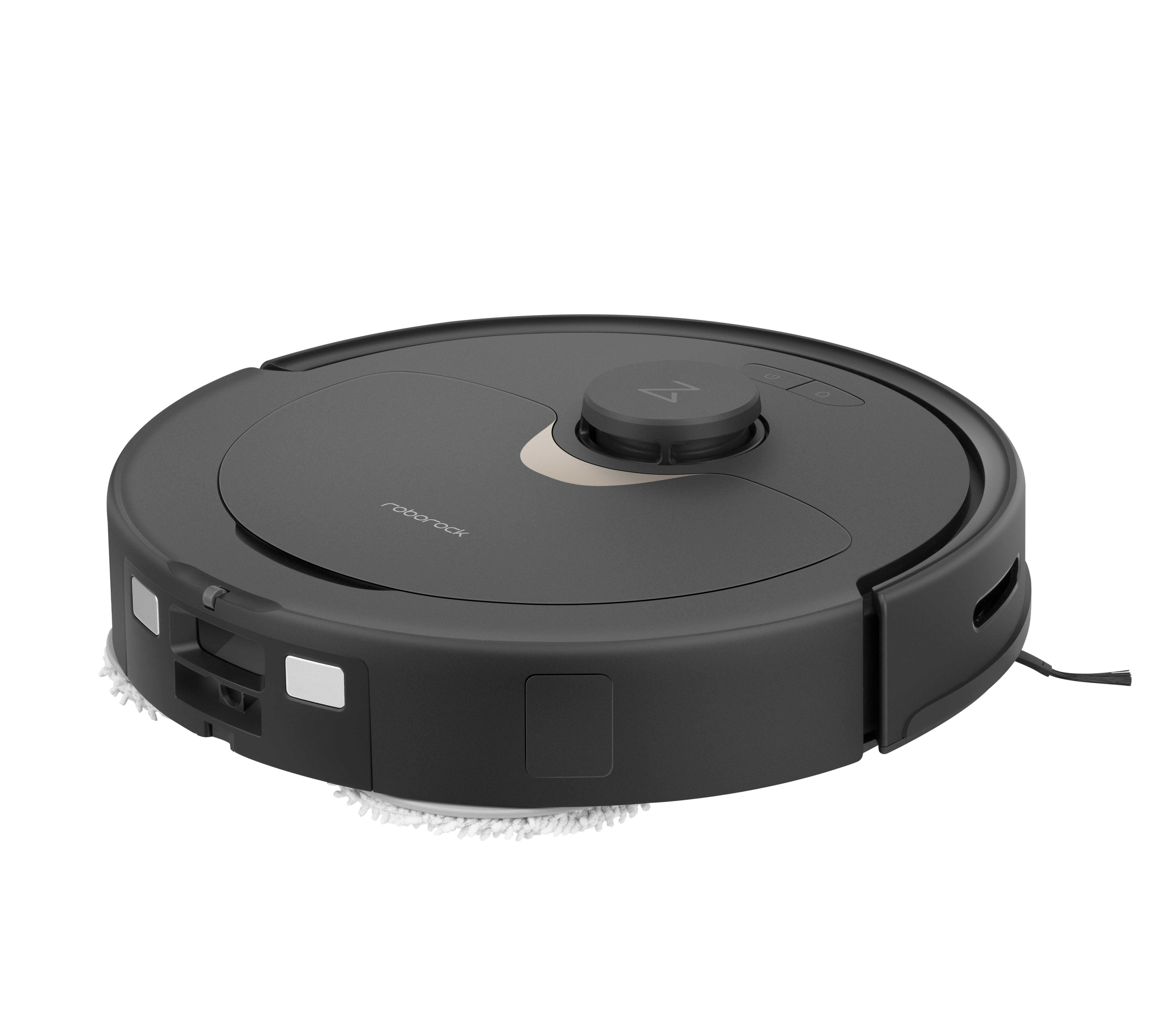 Ein schwarz-grauer Roboter-Staubsauger mit weißem Reinigungspad, von der Seite gesehen.