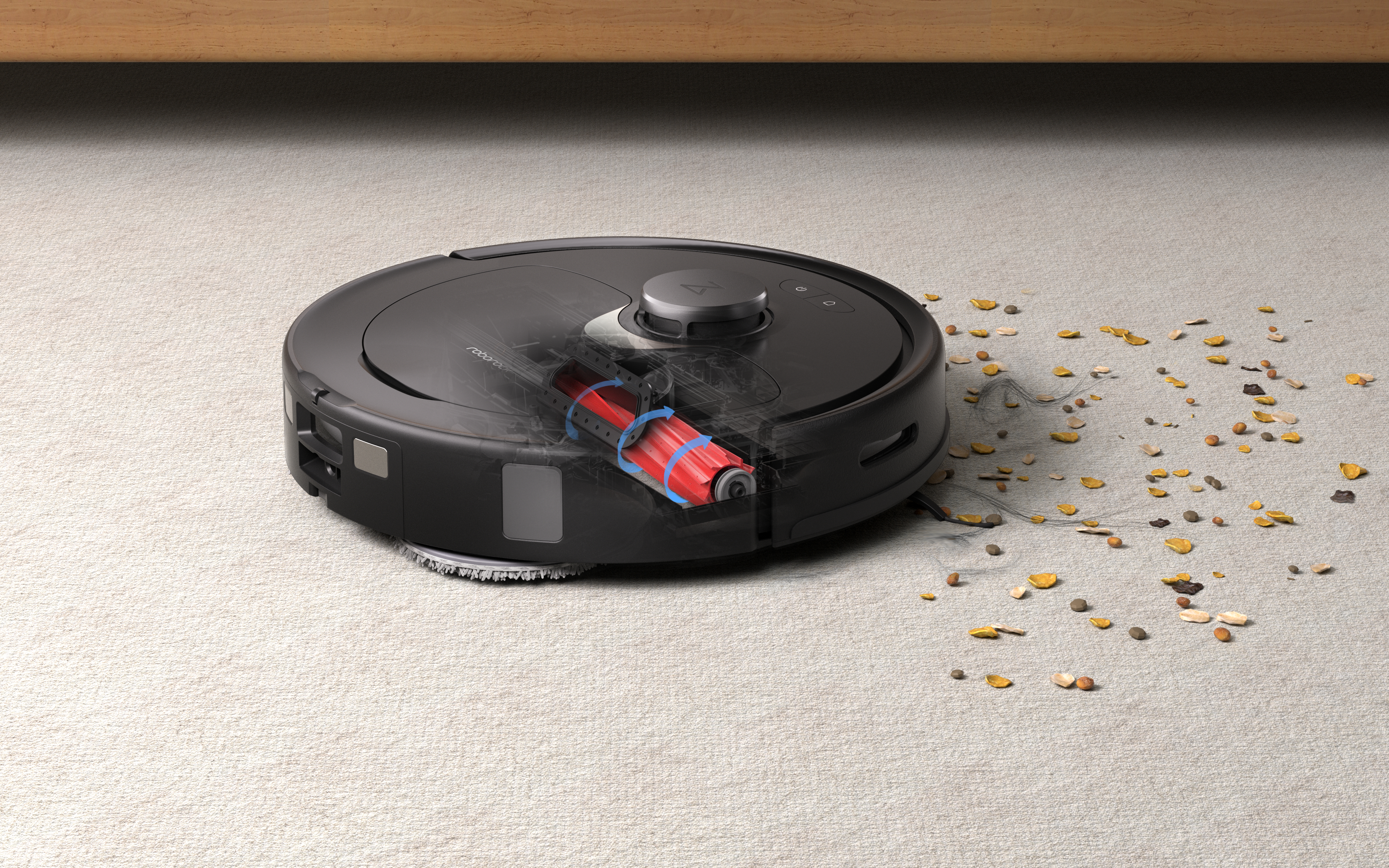 Ein schwarzer Roboter-Staubsauger reinigt einen Teppich, Querschnittsansicht des Inneren.