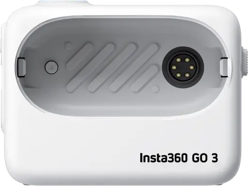 Eine weiße Kamera wird gezeigt, mit einer Innenansicht des Batteriefachs des Geräts.
