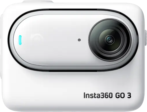 Weiße Insta360 GO 3 Kamera mit Objektiv und kleinem blauen Licht.
