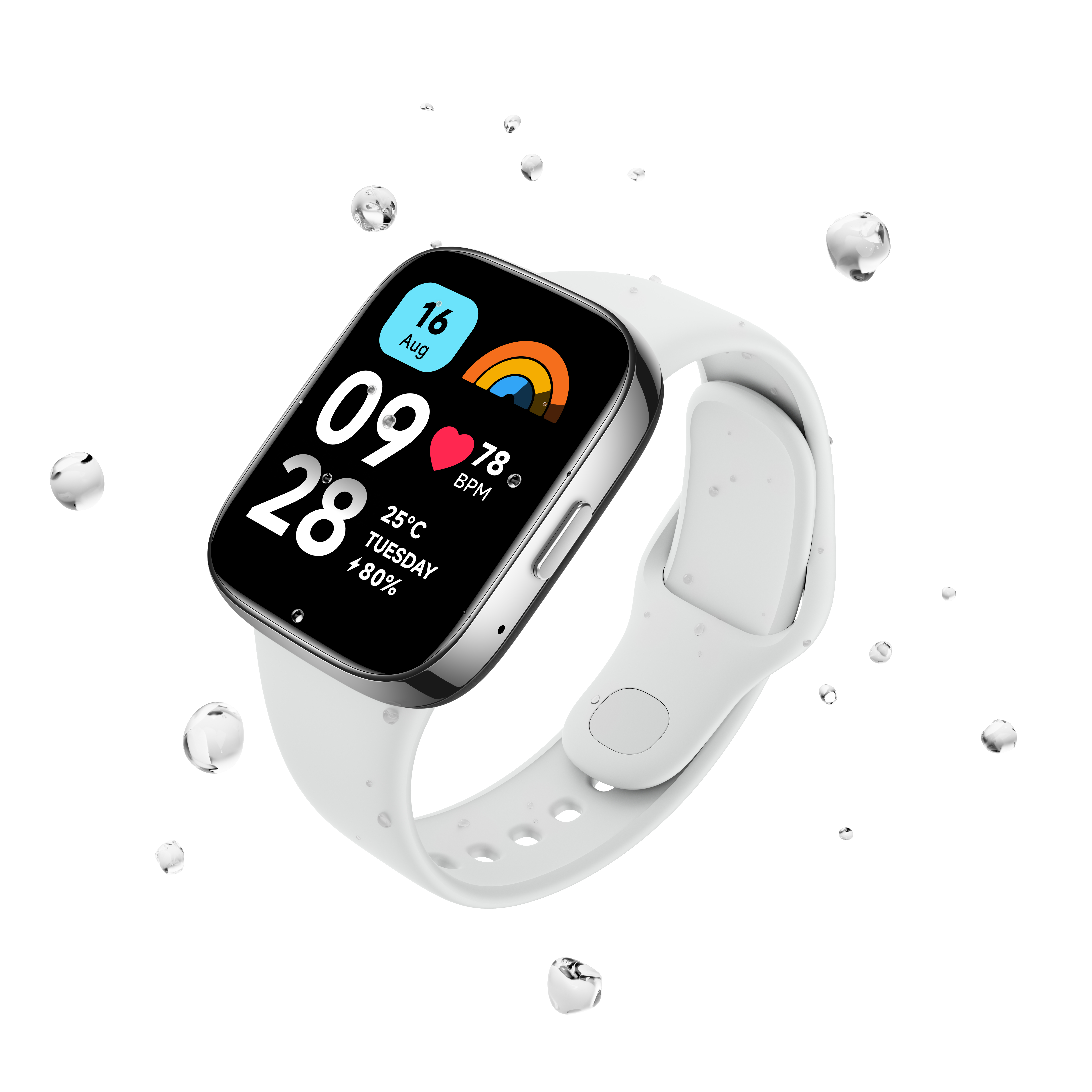 Eine weiße Smartwatch mit farbigem Bildschirm, der Datum, Uhrzeit und Gesundheitsdaten anzeigt.