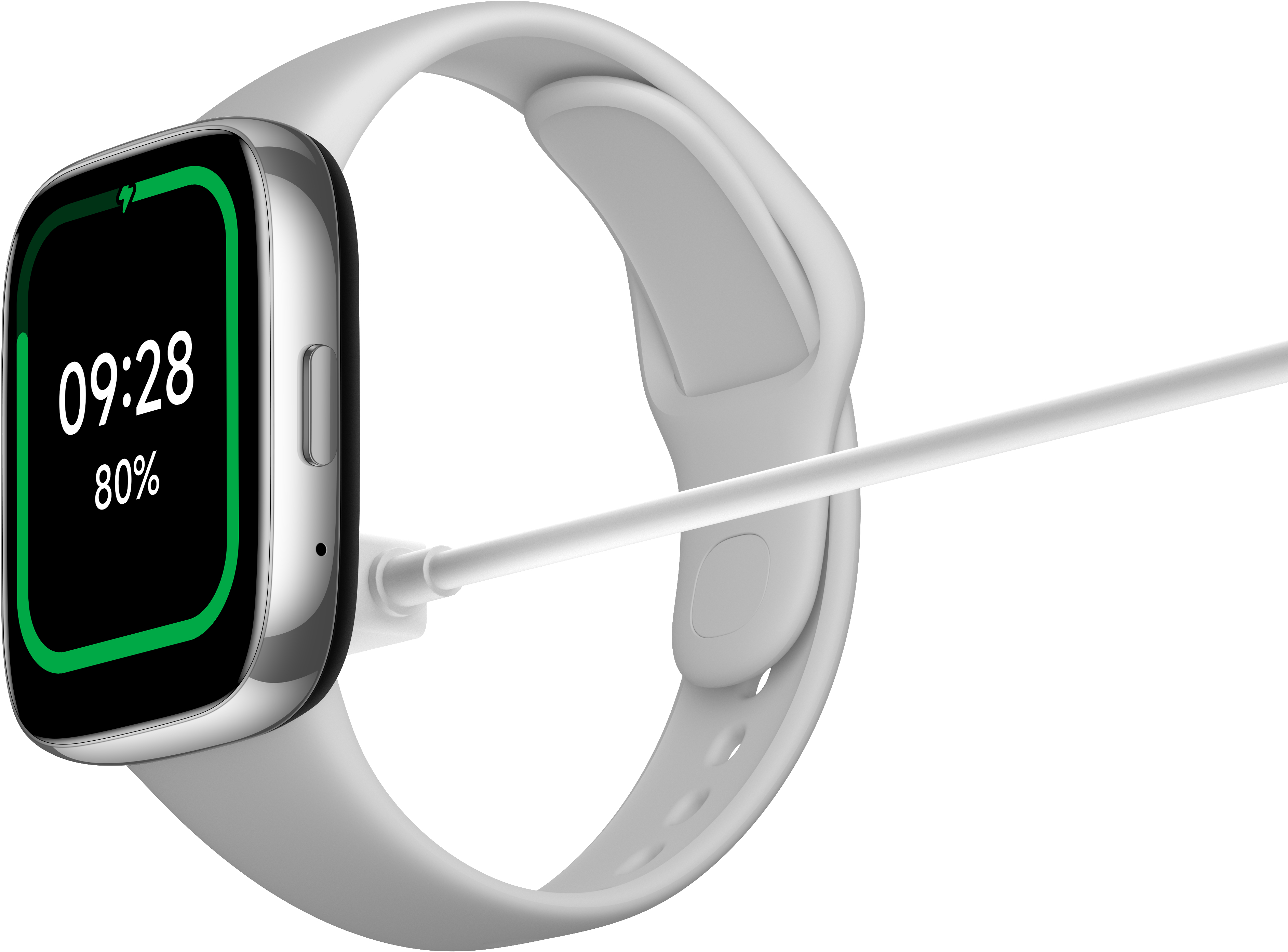 Smartwatch mit angeschlossenem Ladekabel. Der Bildschirm zeigt Zeit und Akkustand.