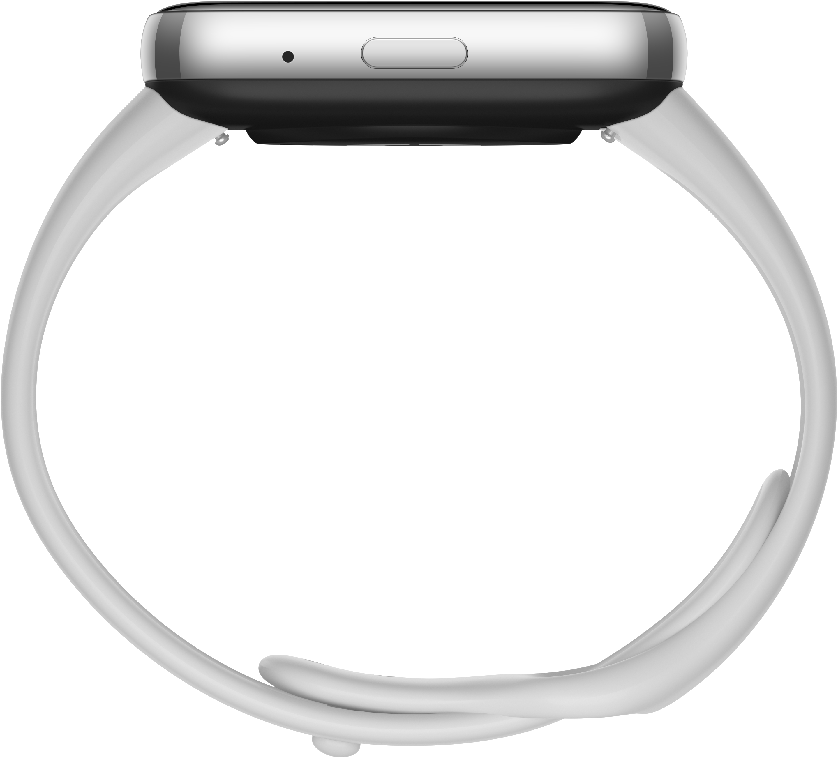 Seitenansicht einer weißen Smartwatch mit abgerundeten Kanten.