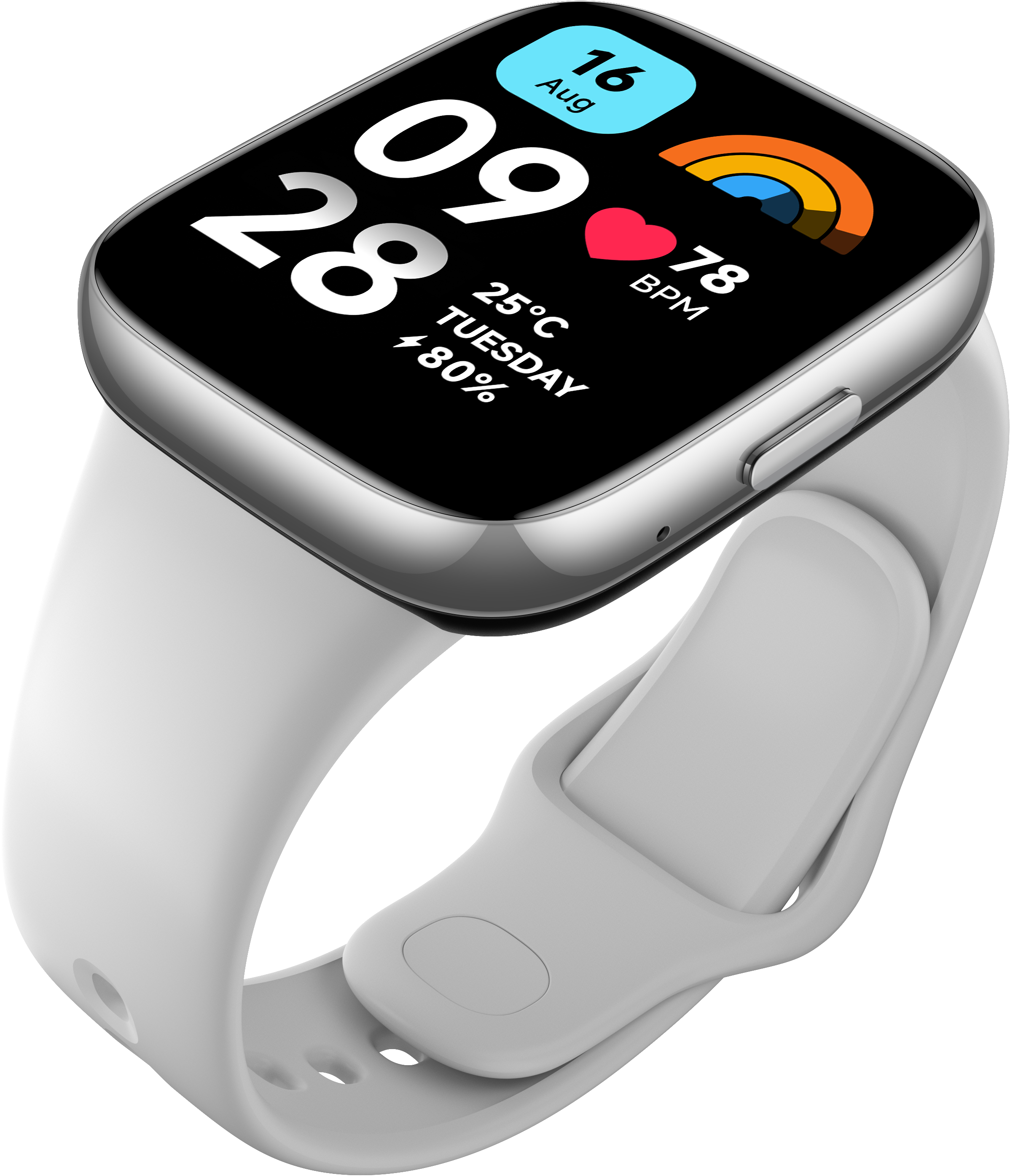 Smartwatch mit weißem Armband. Der Bildschirm zeigt Zeit, Datum, Herzfrequenz und Akku.