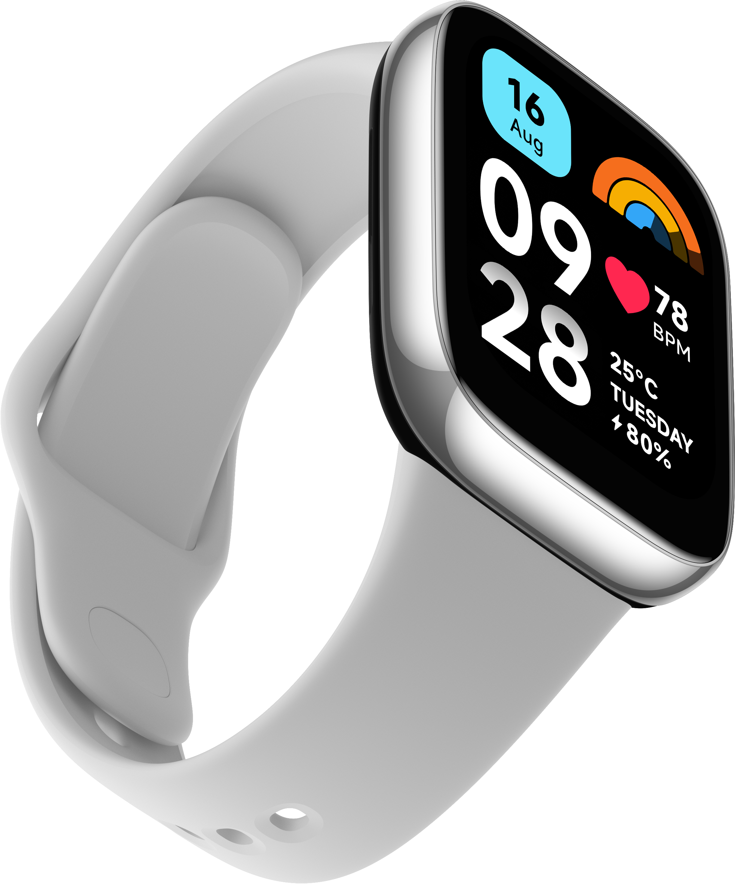 Smartwatch mit weißem Armband und schwarzem Display, das Datum, Uhrzeit und Gesundheitsdaten anzeigt.