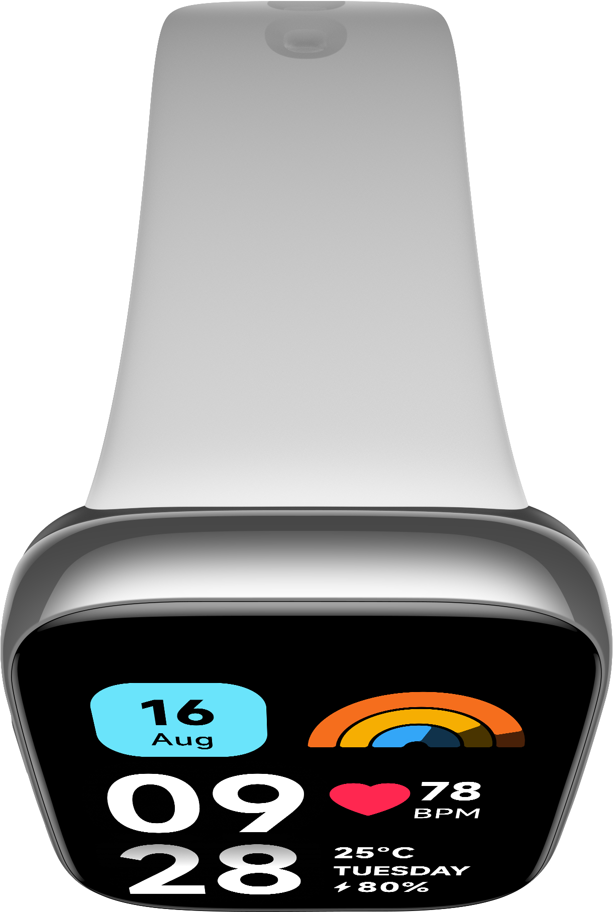 Smartwatch zeigt Datum, Zeit, Gesundheitsmetriken auf weißem Band.