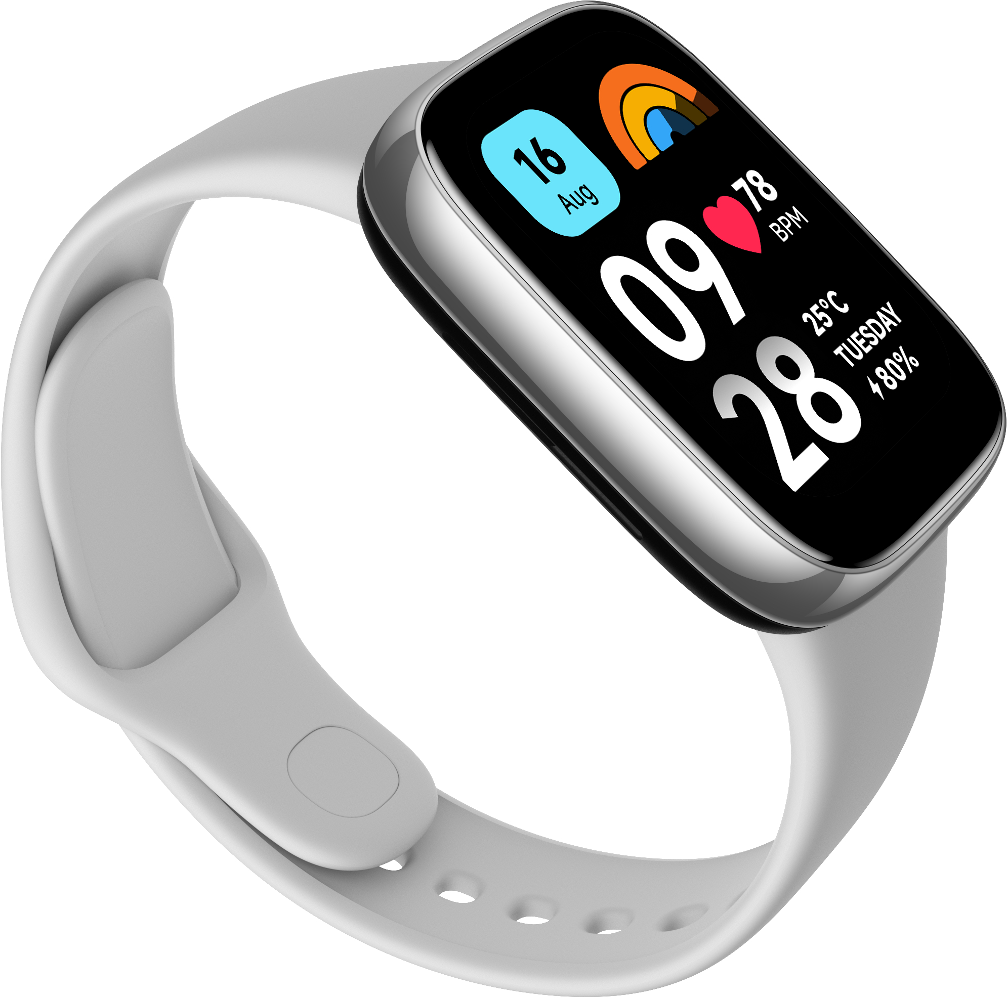 Smartwatch mit grauem Armband, schwarzem Bildschirm mit Uhrzeit, Datum und Gesundheitsdaten.