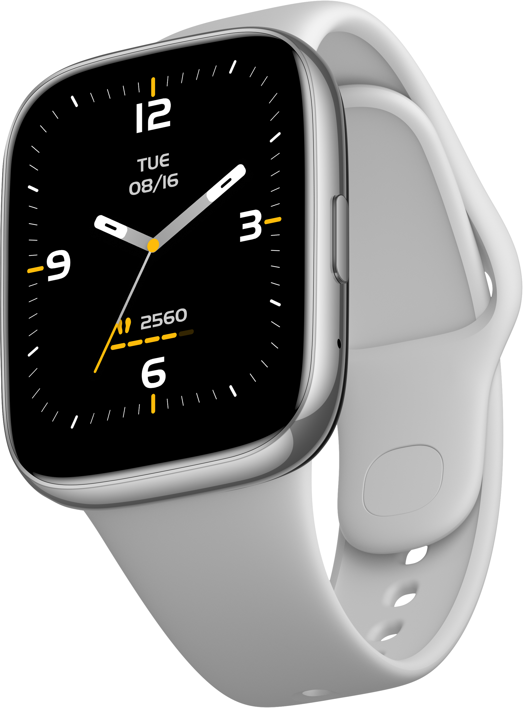 Graue Smartwatch mit schwarzem Display, das Zeit, Datum und Schritte anzeigt.