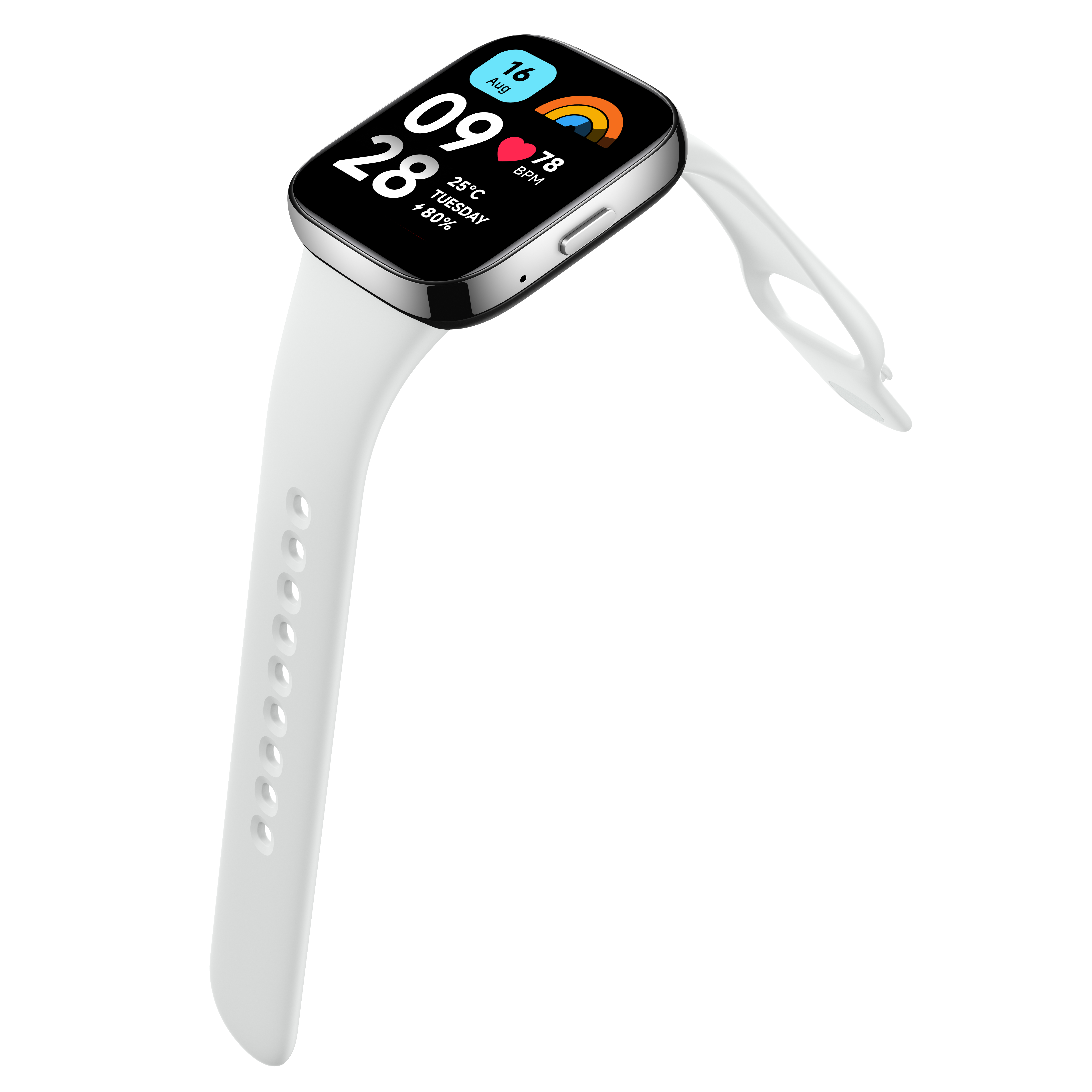 Smartwatch an einem weißen Armband. Der Bildschirm zeigt Datum, Uhrzeit, Temperatur und Herzfrequenz an.