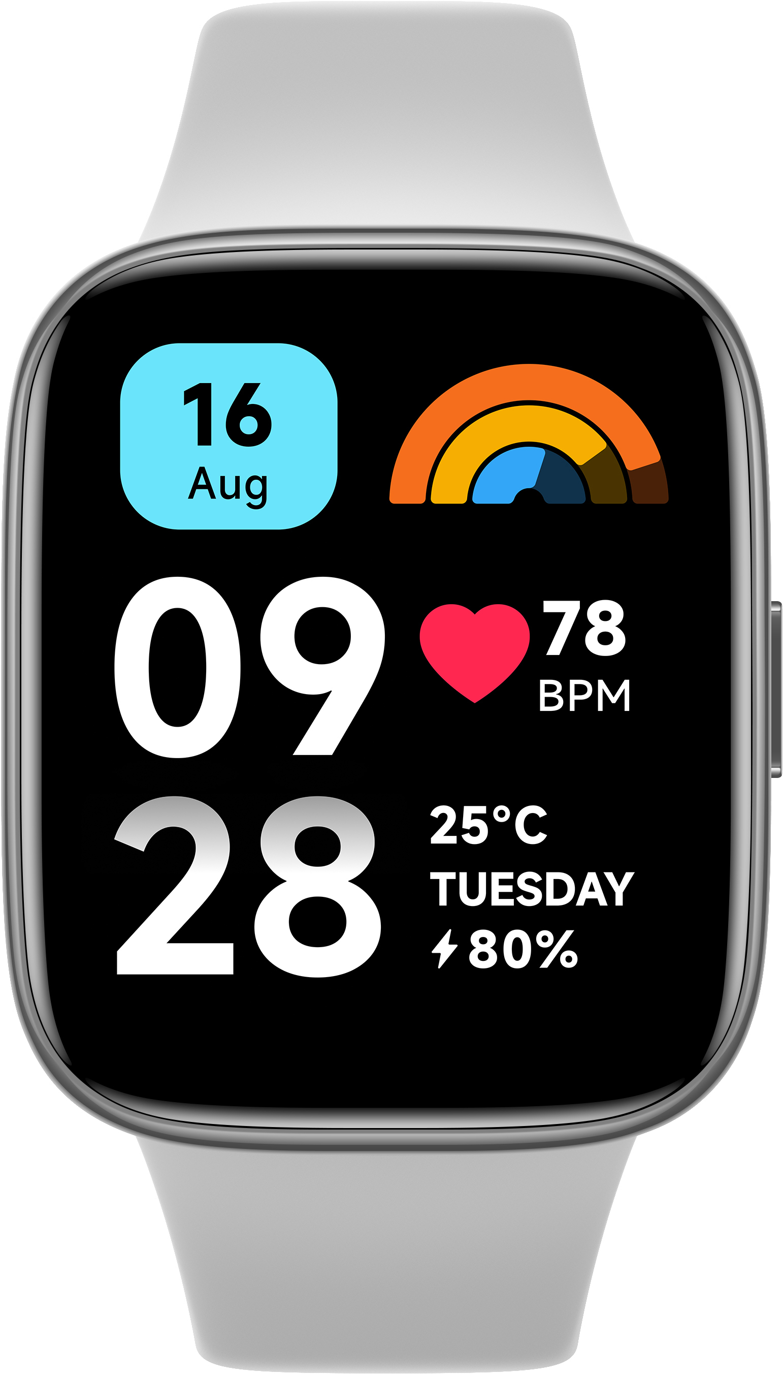 Smartwatch, das Zeit, Datum, Herzfrequenz und Wetter anzeigt. Die Uhr ist hellgrau.