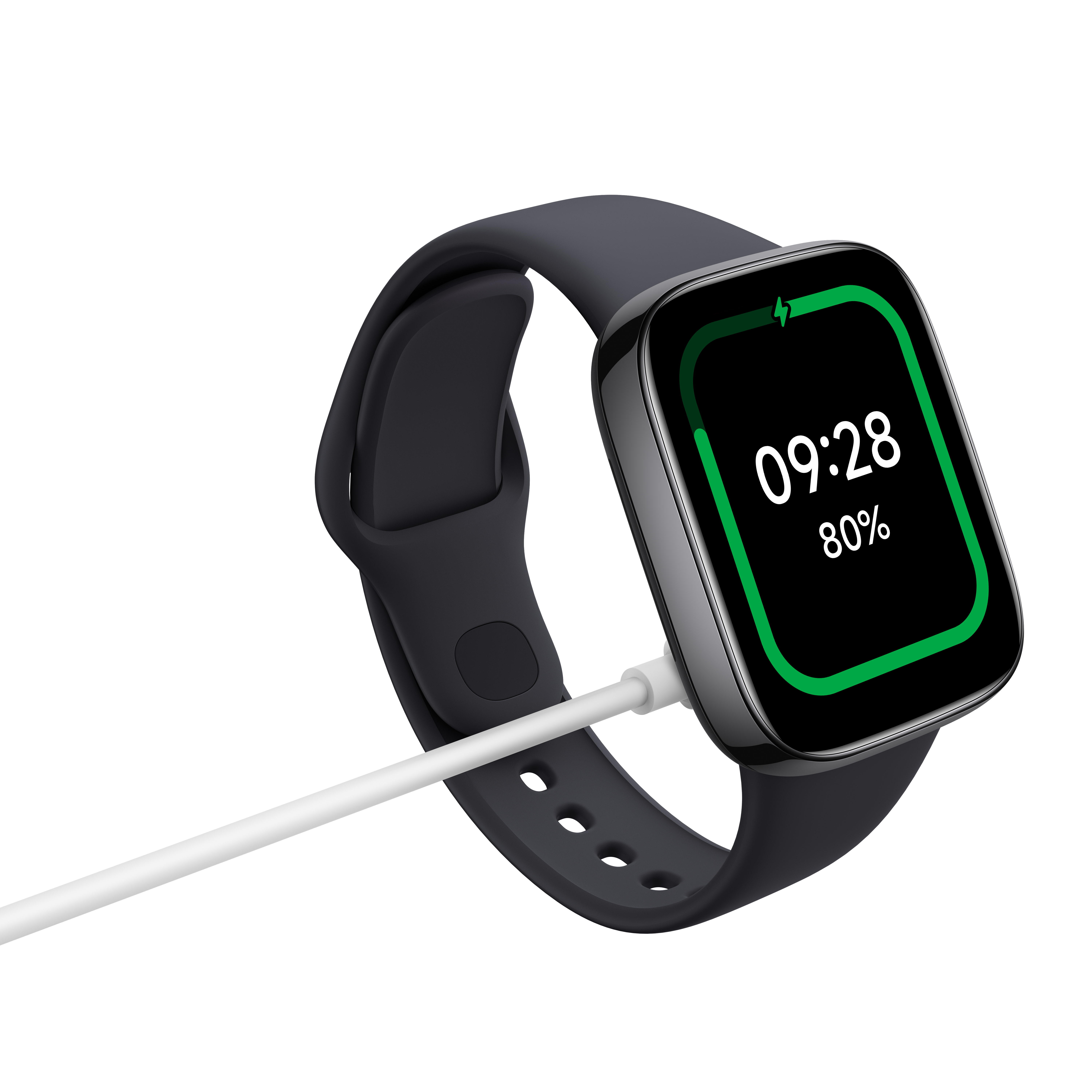 Schwarze Smartwatch beim Laden, Bildschirm zeigt 09:28 und 80% Akku mit grünem Ladesymbol.