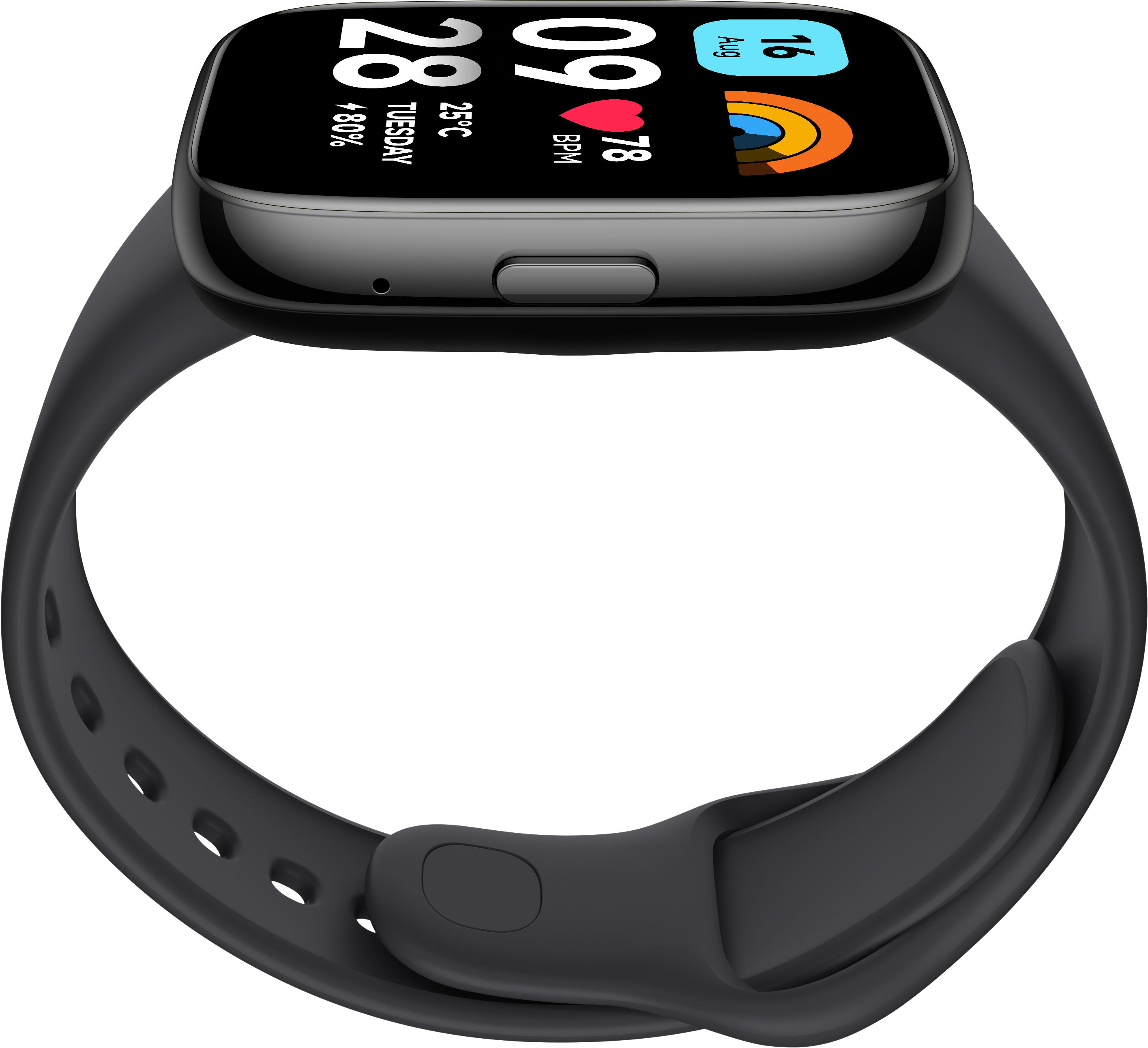 Schwarze Smartwatch mit quadratischem Bildschirm, zeigt Zeit, Herzfrequenz und Datum.