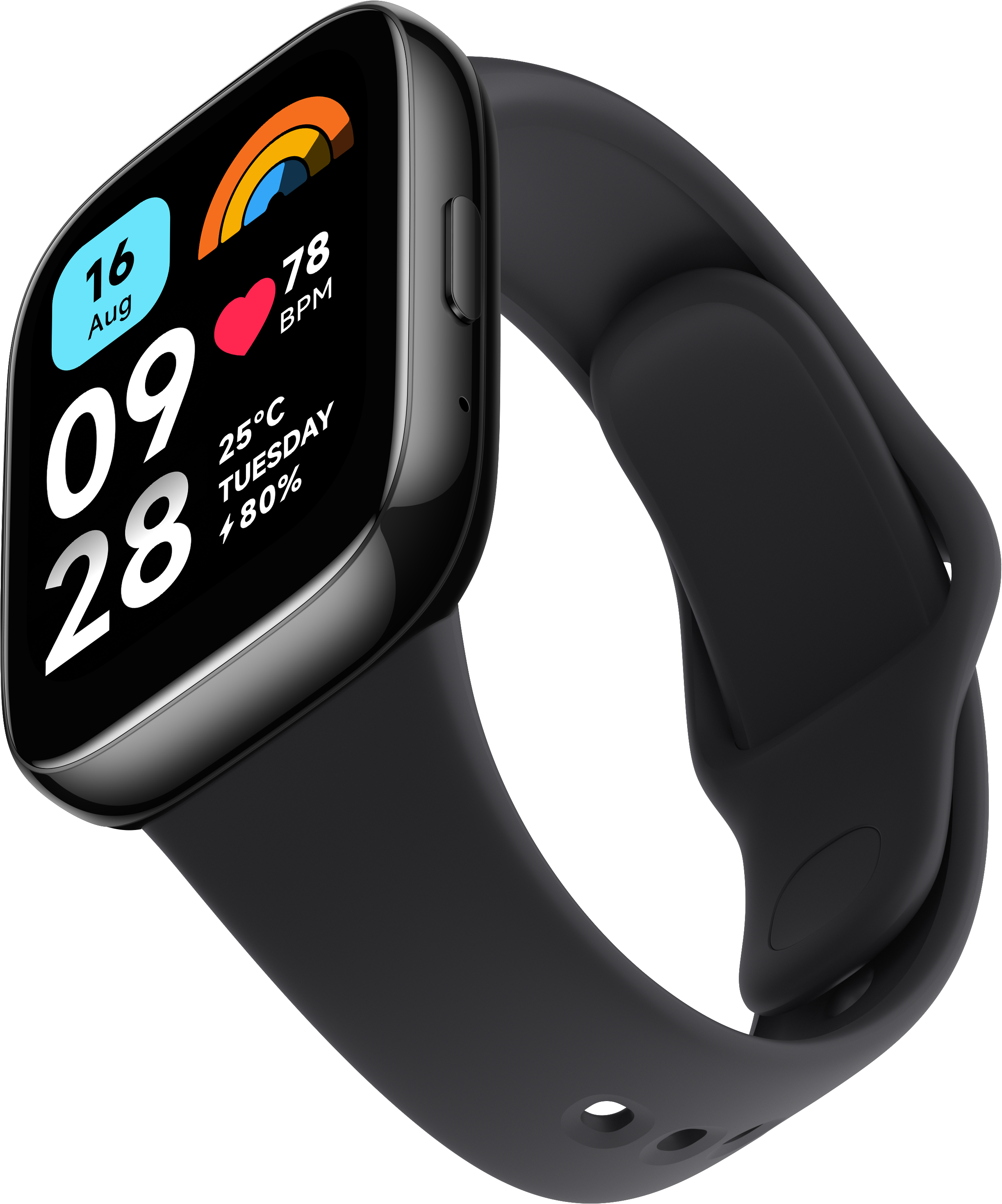 Schwarze Smartwatch mit schwarzem Armband. Zeigt Datum, Uhrzeit, Herzfrequenz und Temperatur. Weißer Hintergrund.