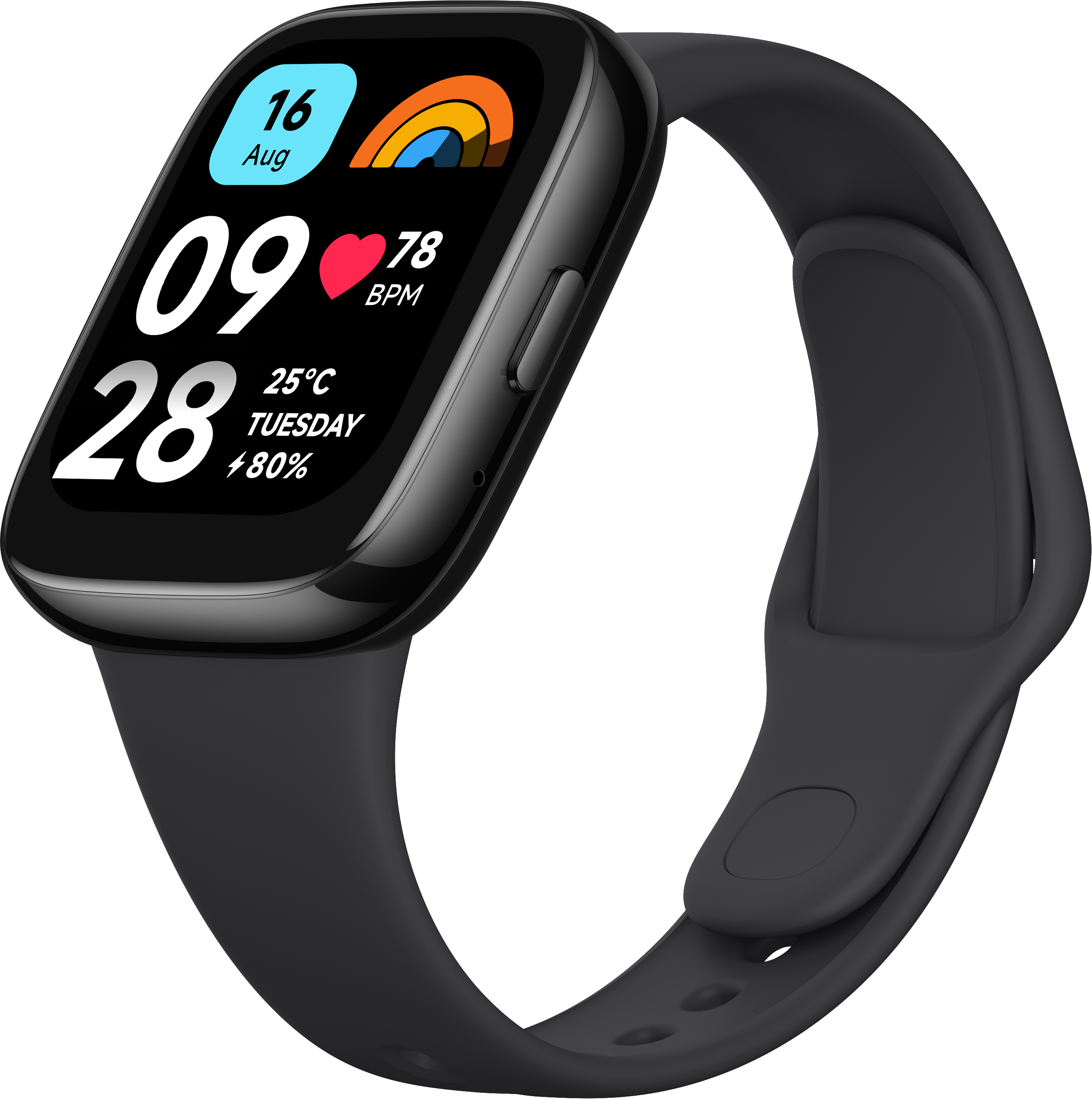 Eine schwarze Smartwatch, die Datum, Uhrzeit und Herzfrequenz anzeigt. Sie hat ein schwarzes Armband.