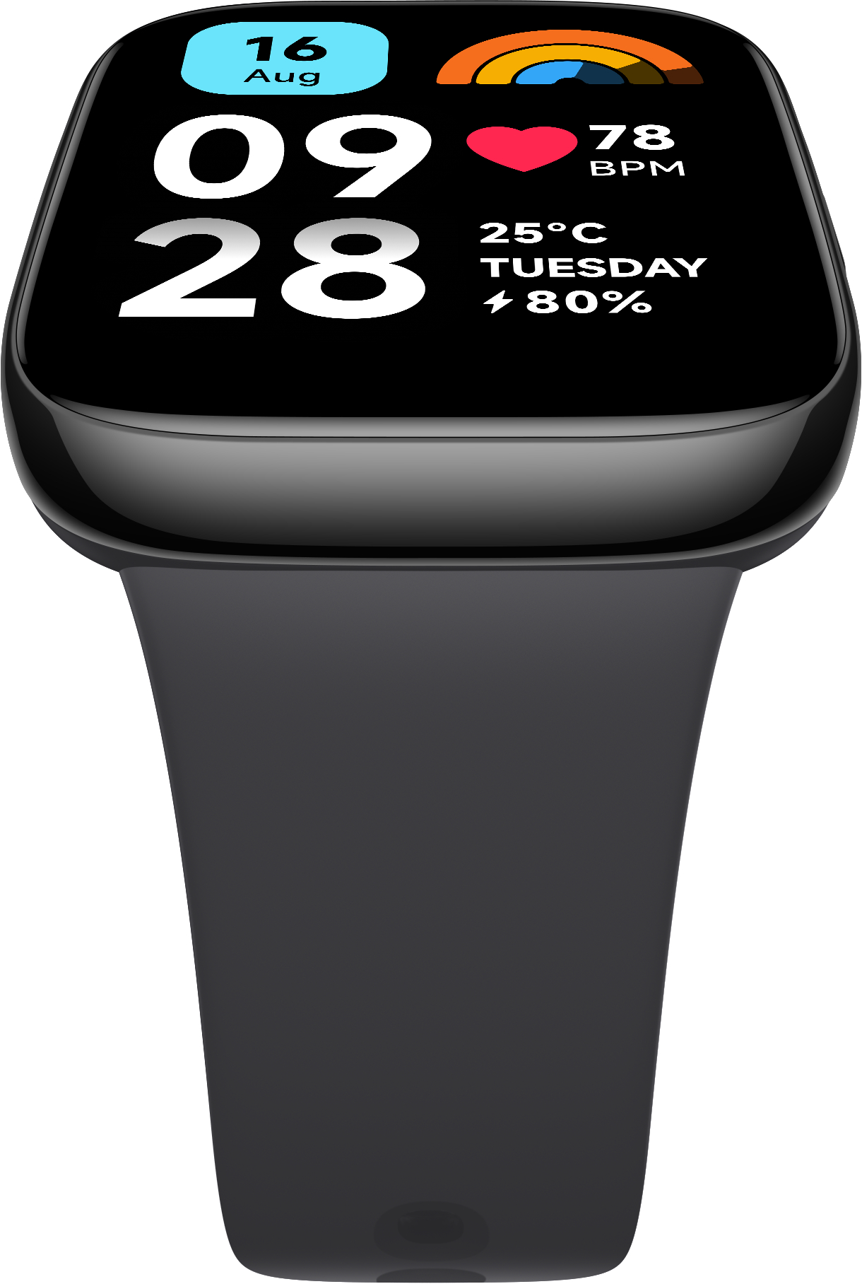 Eine schwarze Smartwatch, die Zeit, Datum, Herzfrequenz und Batterieprozentsatz anzeigt.