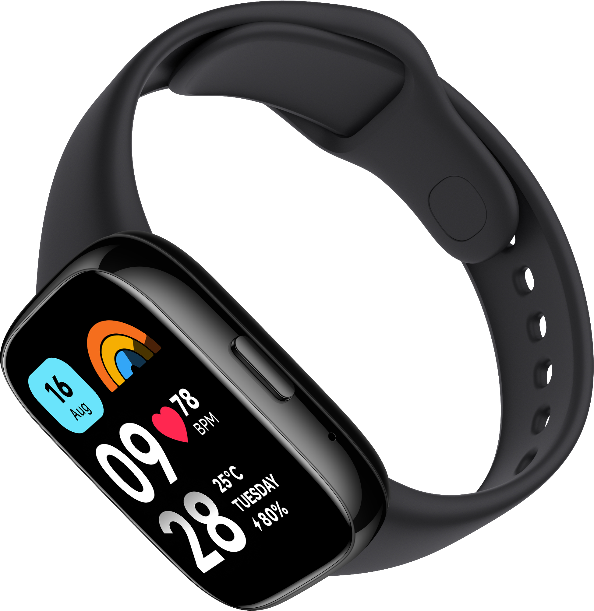 Schwarze Smartwatch mit Anzeige von Datum, Uhrzeit, Herzfrequenz, Temperatur und Akkuprozentsatz.