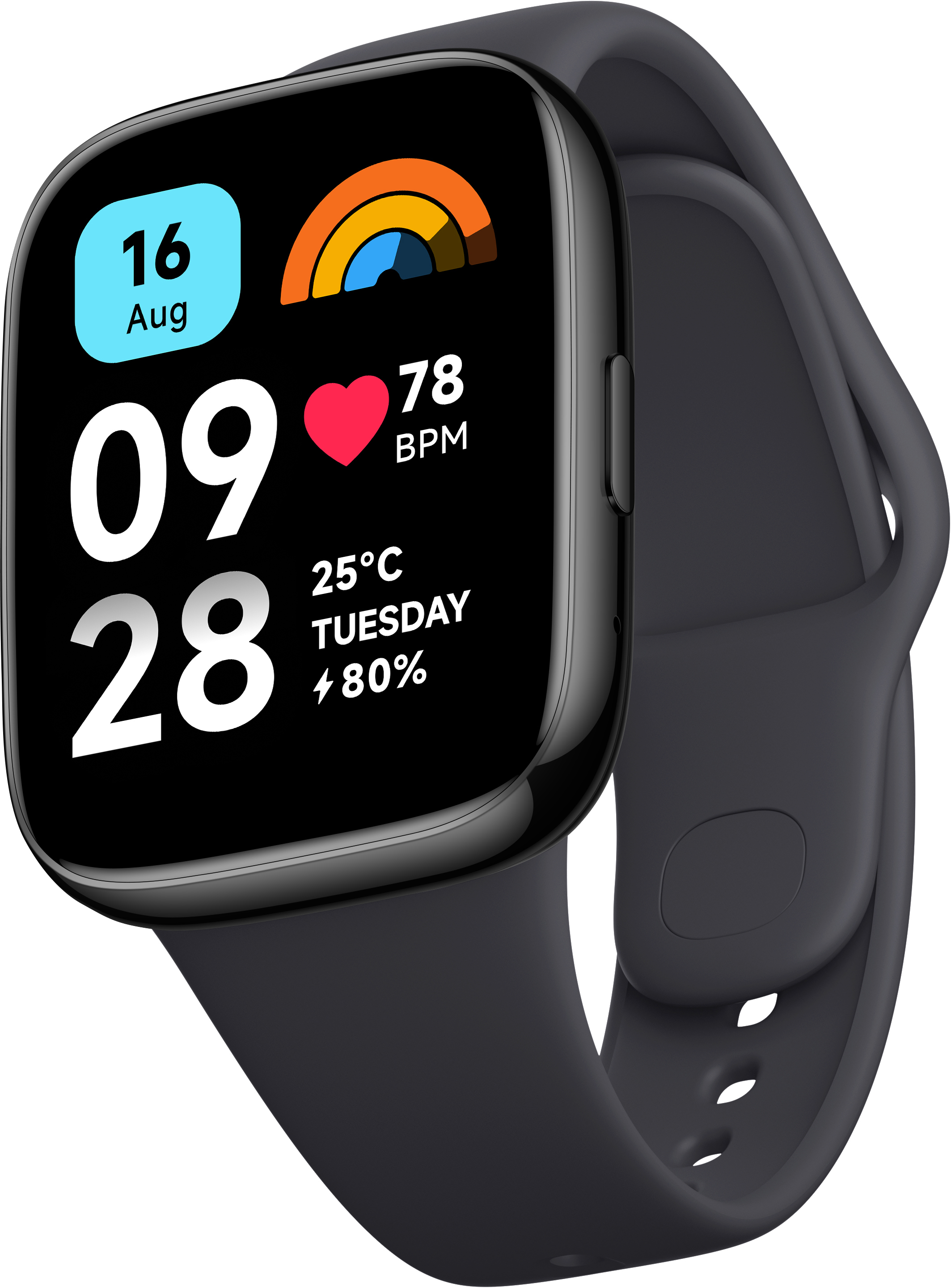 Schwarze Smartwatch zeigt Datum, Uhrzeit, Herzfrequenz und Akkustand an.