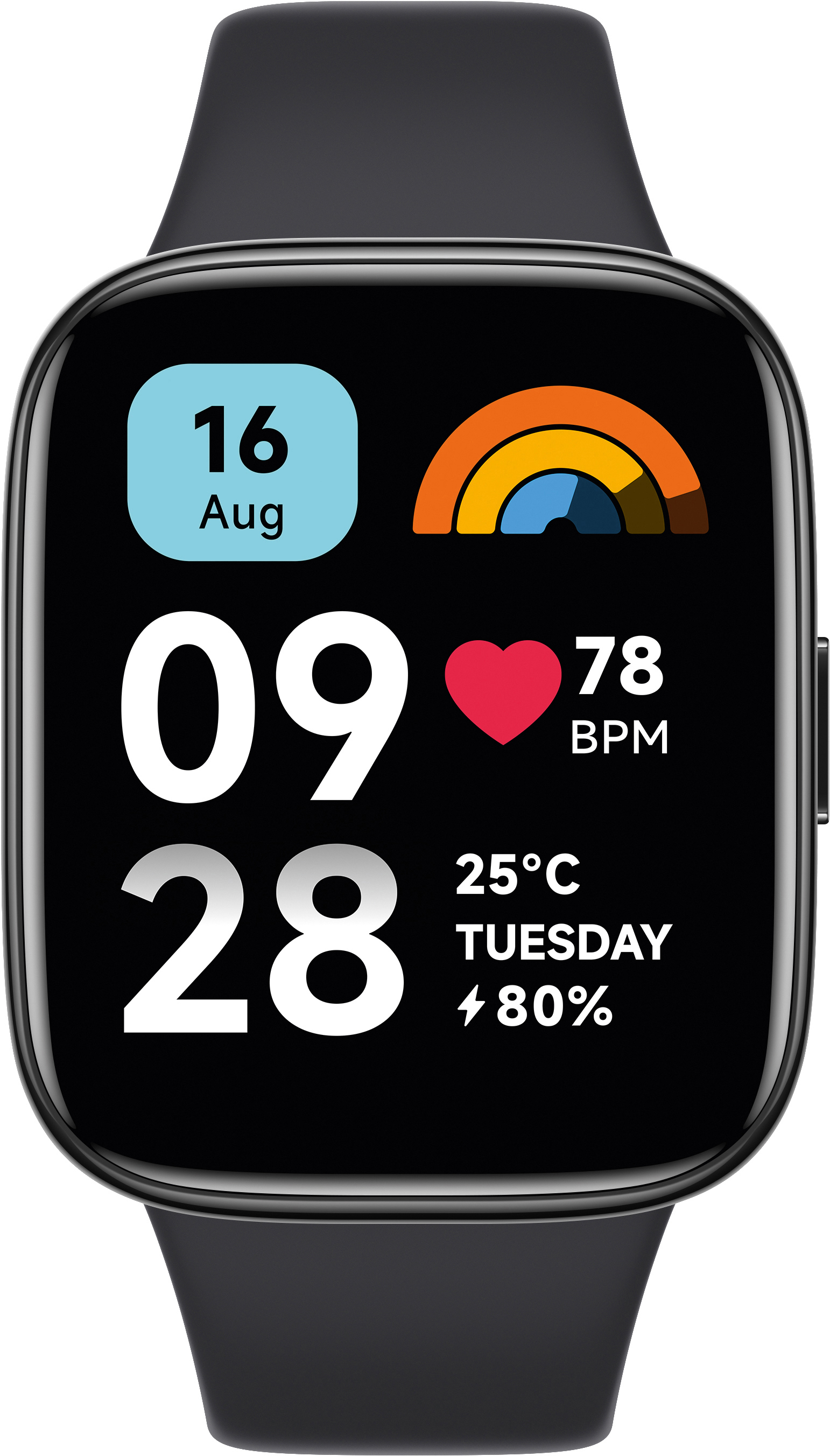 Smartwatch, das Zeit, Datum, Herzfrequenz und Temperatur anzeigt. Schwarzes Armband mit schwarzem Zifferblatt.