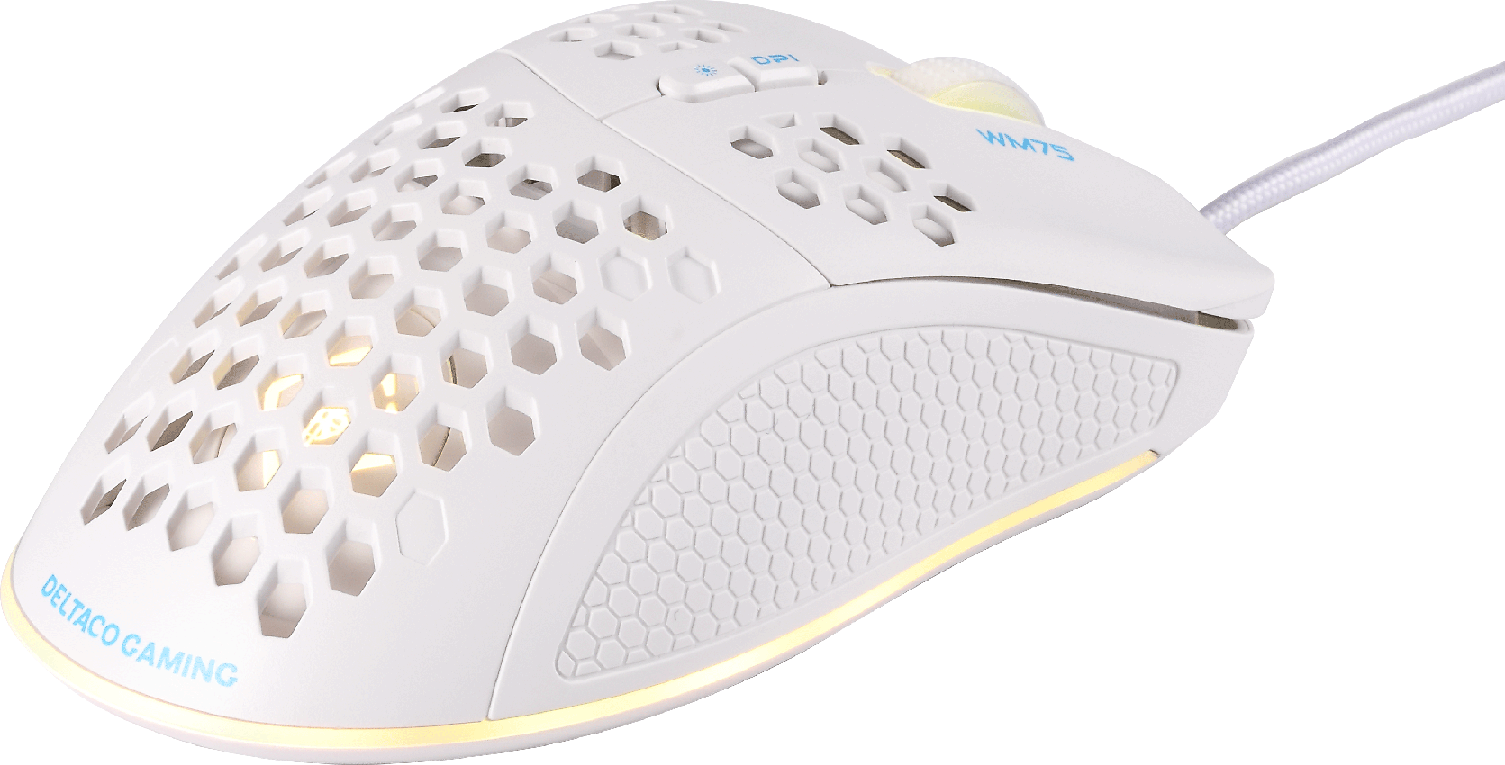Un mouse da gioco bianco con un design a nido d'ape. Ha pulsanti e un pulsante DPI. Il cavo è bianco.